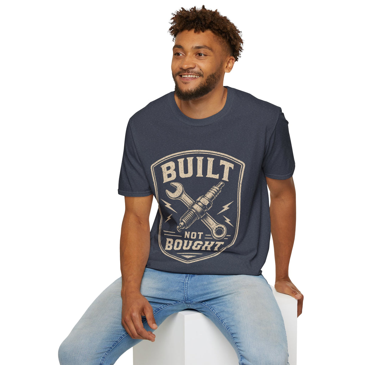 Built Not Bought T-Shirt — Vintage Mechanic Wrench & Spark Plug Design