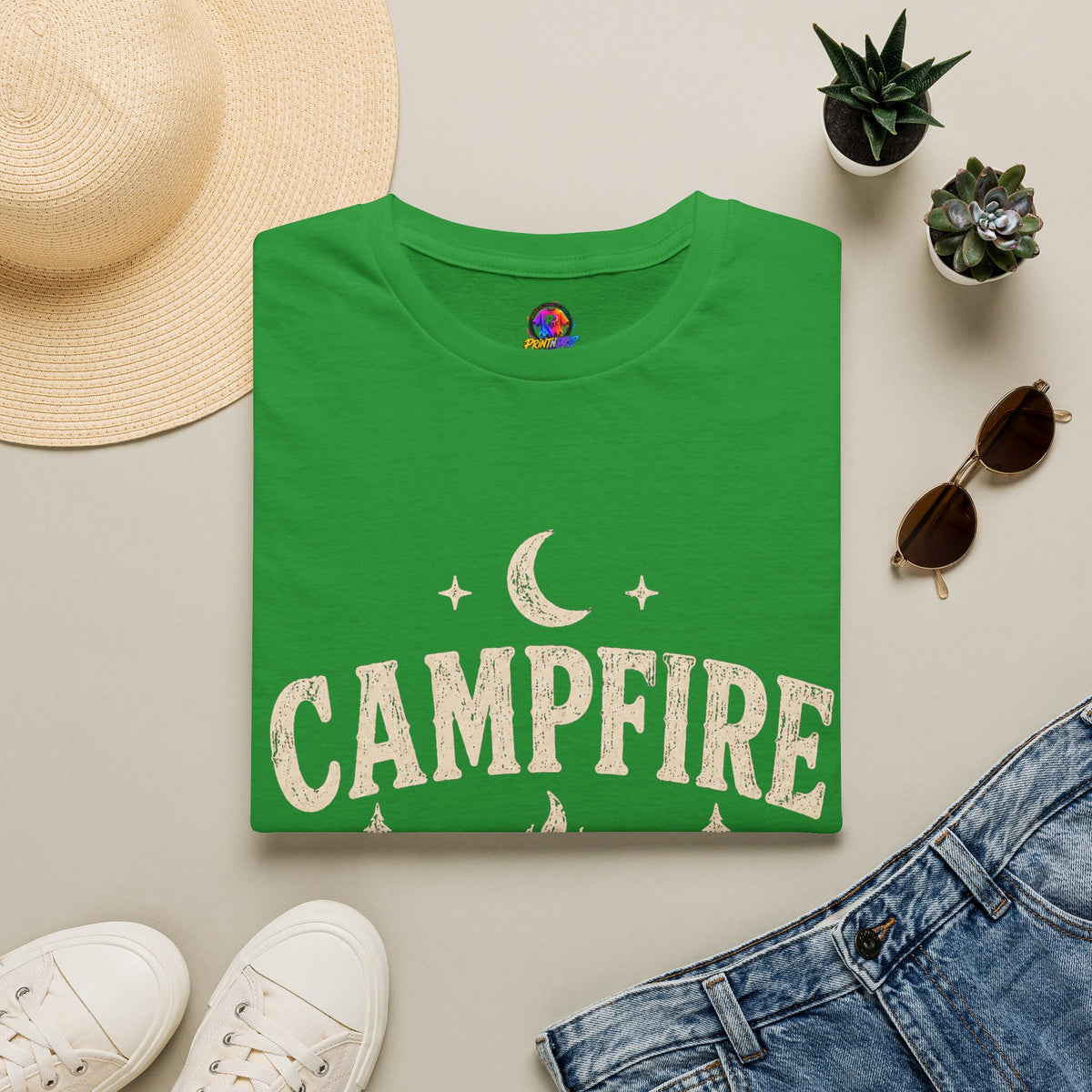 Campfire After Dark T-Shirt — Cozy Camping Moon & Trees Graphic