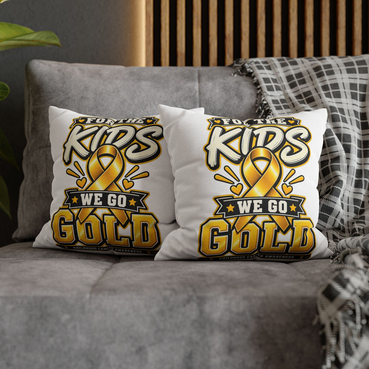 “For the Kids We Go Gold” Awareness Pillowcase — Childhood Cancer Ribbon Throw Pillow