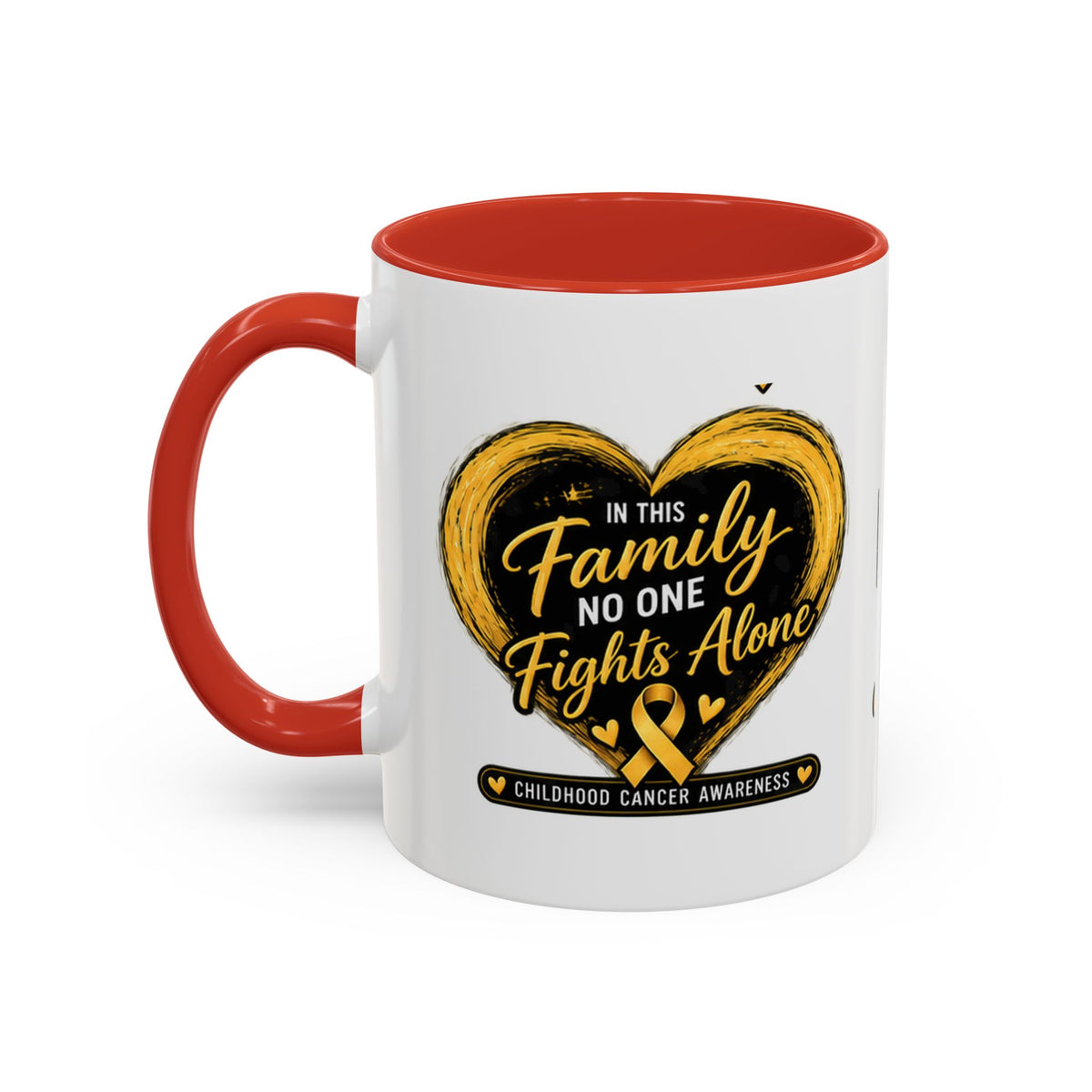 Childhood Cancer Awareness Accent Coffee Mug — "In This Family No One Fights Alone"