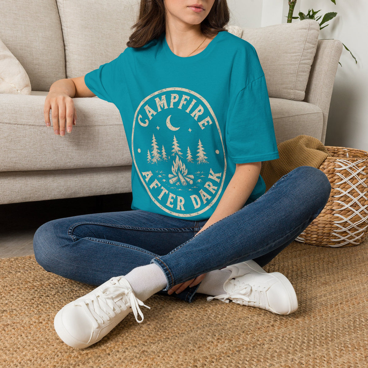 Campfire T-Shirt — 'Campfire After Dark' Vintage Moon & Trees Graphic