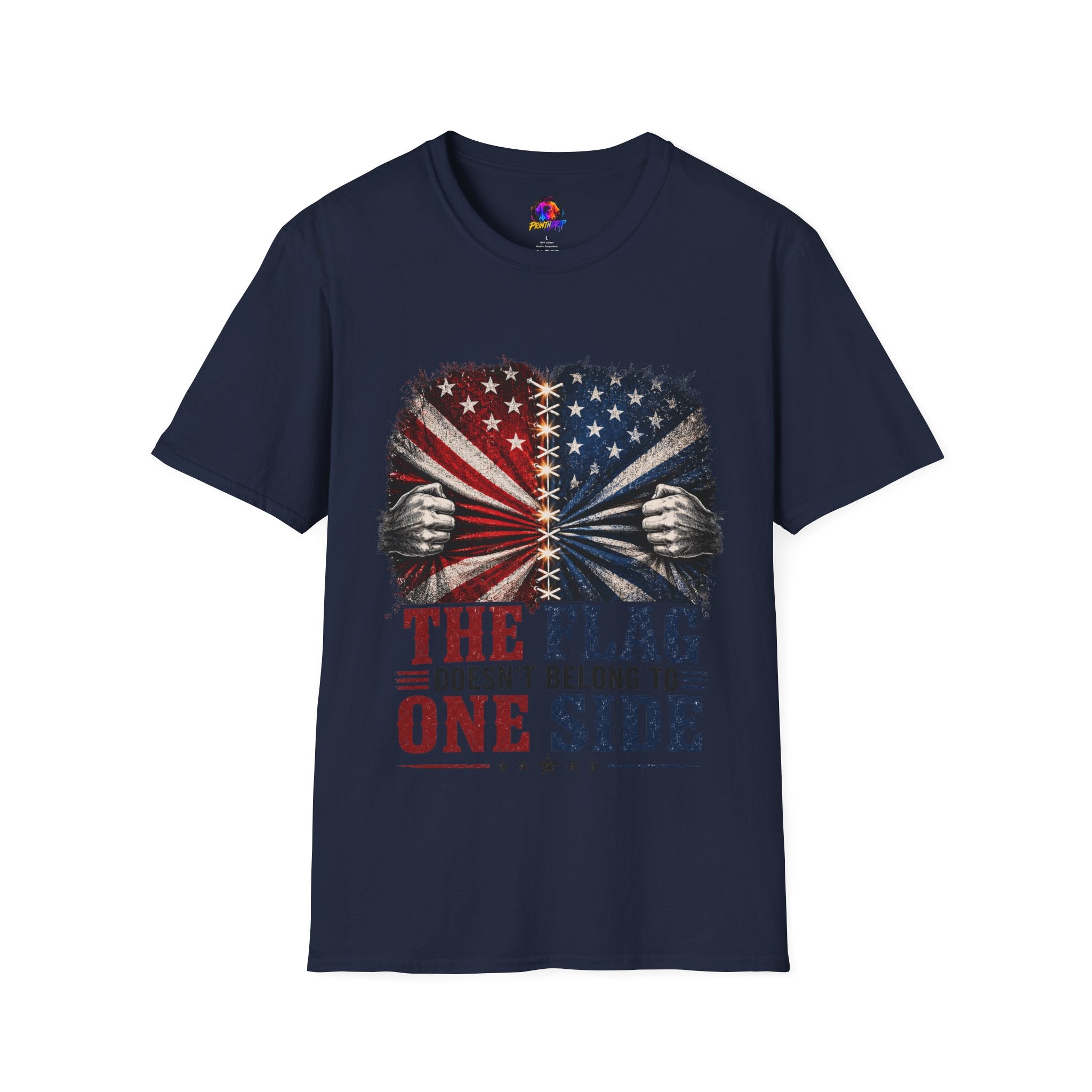 T-Shirt — "The Flag Doesn't Belong to One Side" Distressed American Flag Graphic
