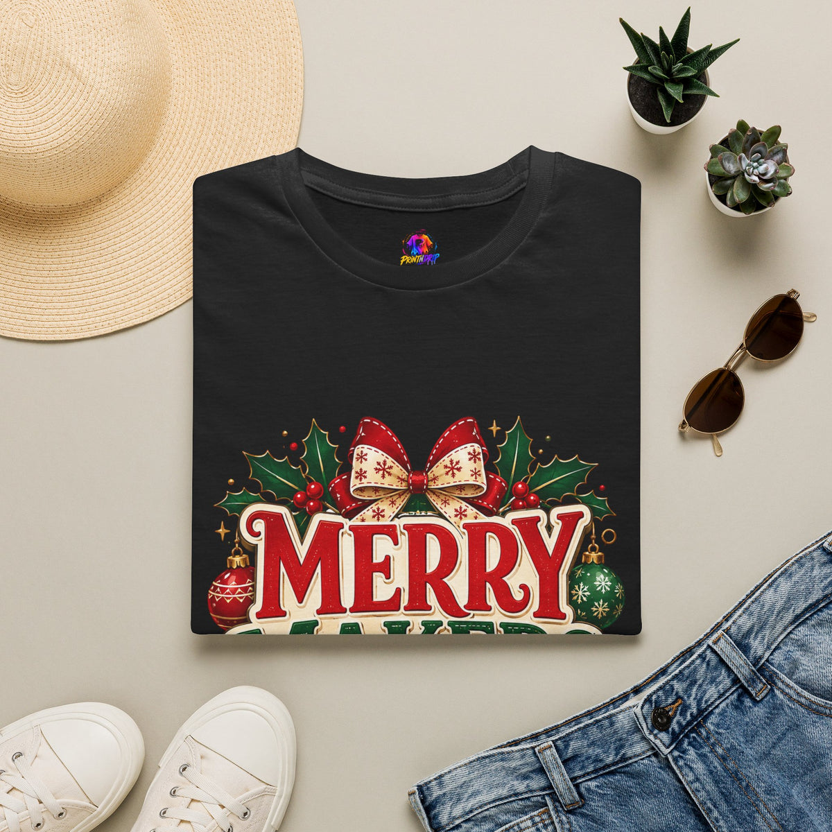 Merry Makers Club T-Shirt — Festive Christmas Holiday Tee with Holly & Bow