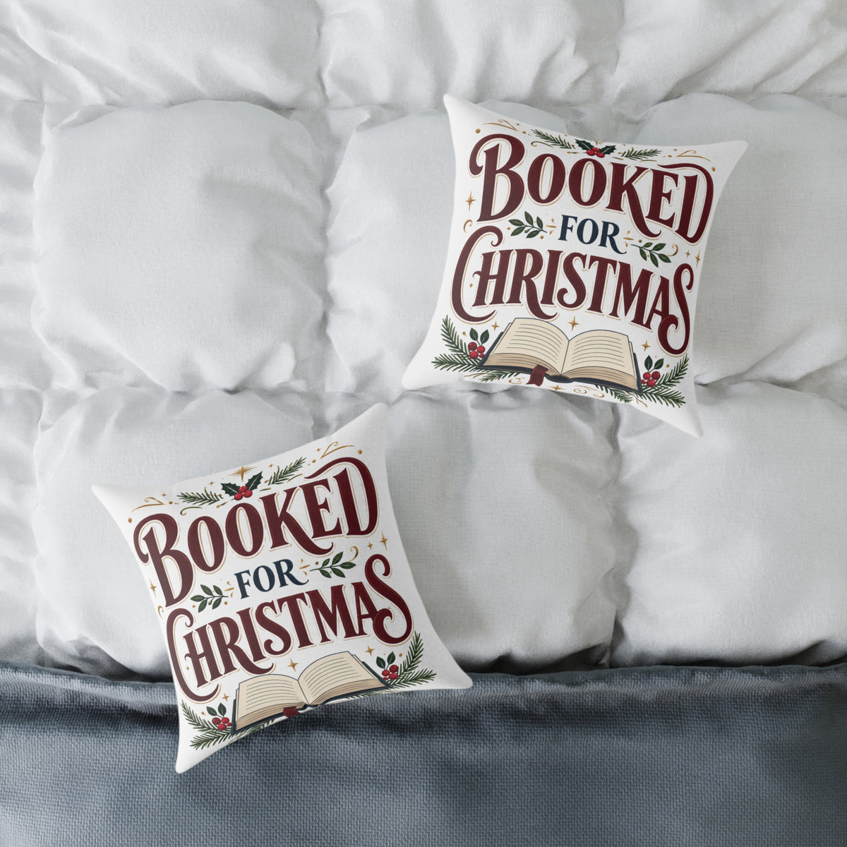 Christmas Book Lover Pillow — "Booked for Christmas" Decorative Throw Pillow