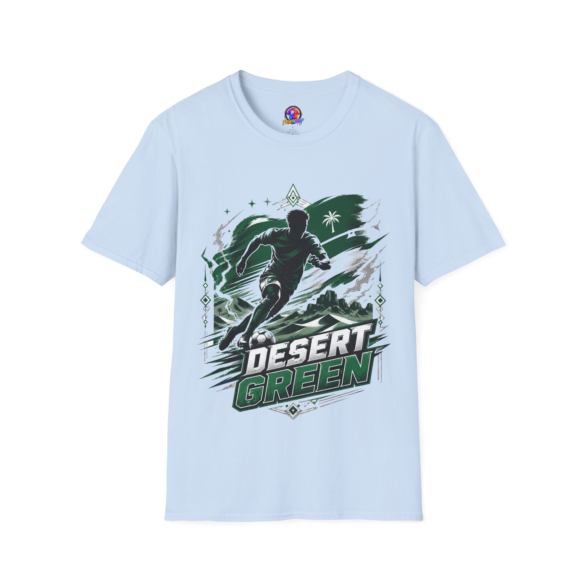 Saudi Arabia Desert Green Soccer T-Shirt — Silhouette Player Graphic