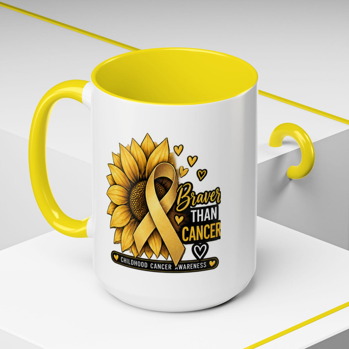 Childhood Cancer Awareness Mug — "Braver Than Cancer" Sunflower & Gold Ribbon