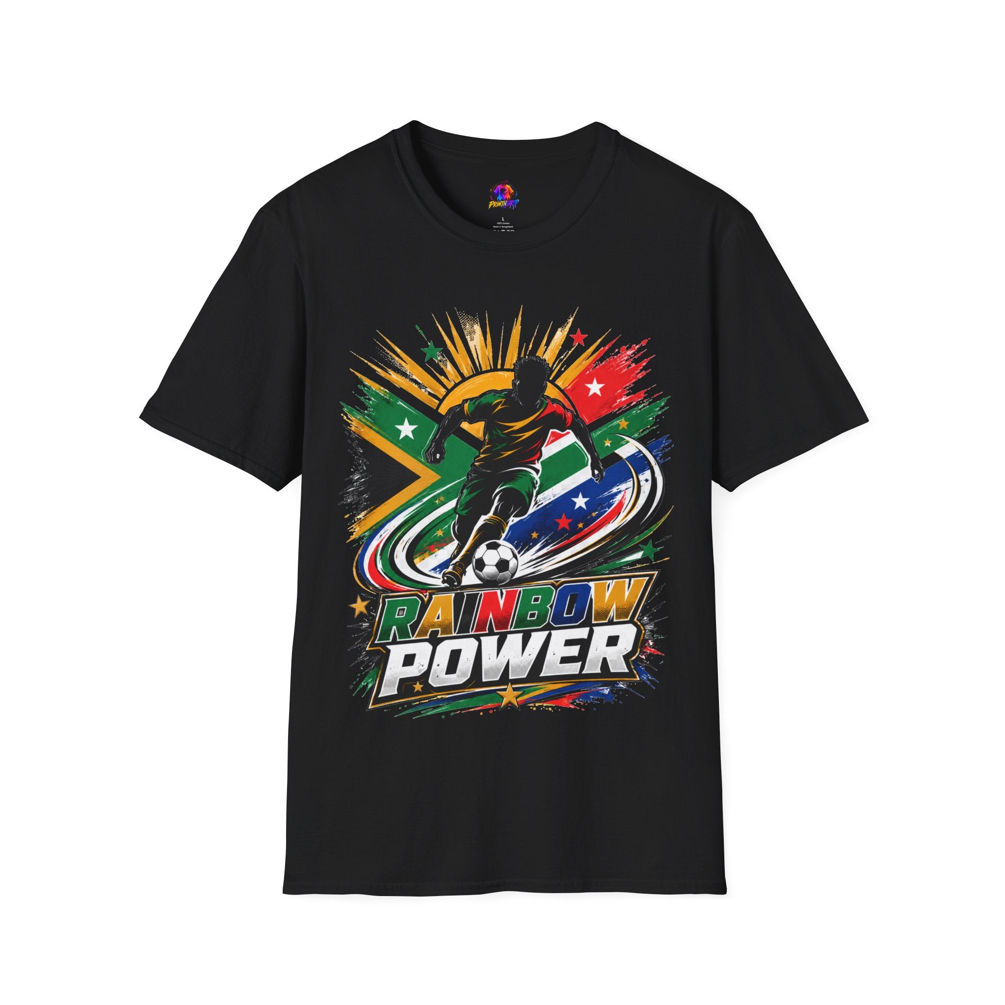 South Africa Soccer Rainbow Power T-Shirt — Colorful Football Player Graphic Tee
