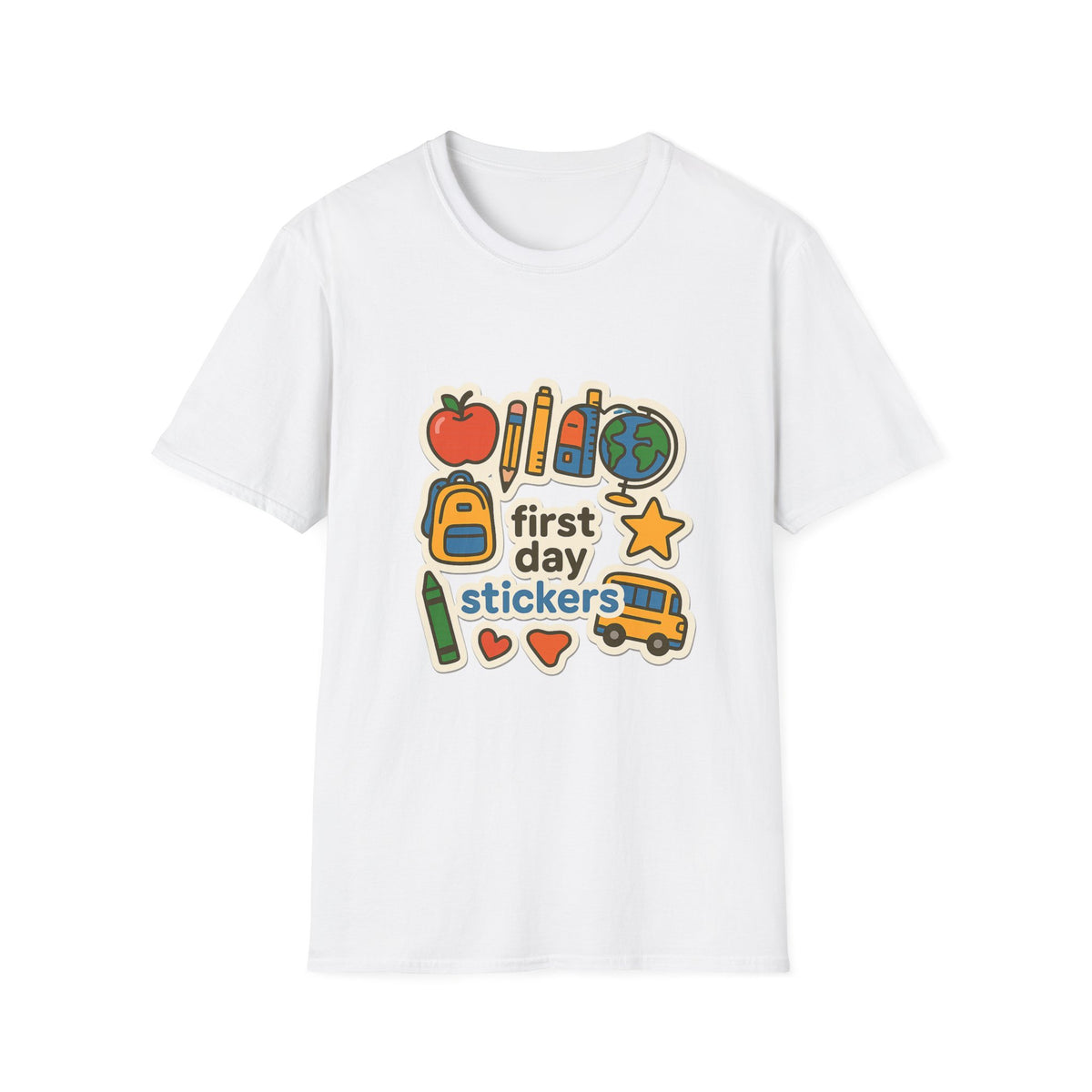 Teacher Sticker Icons T-Shirt — Cute Apple, Pencil & Globe School Tee - Trending Now - August 2026