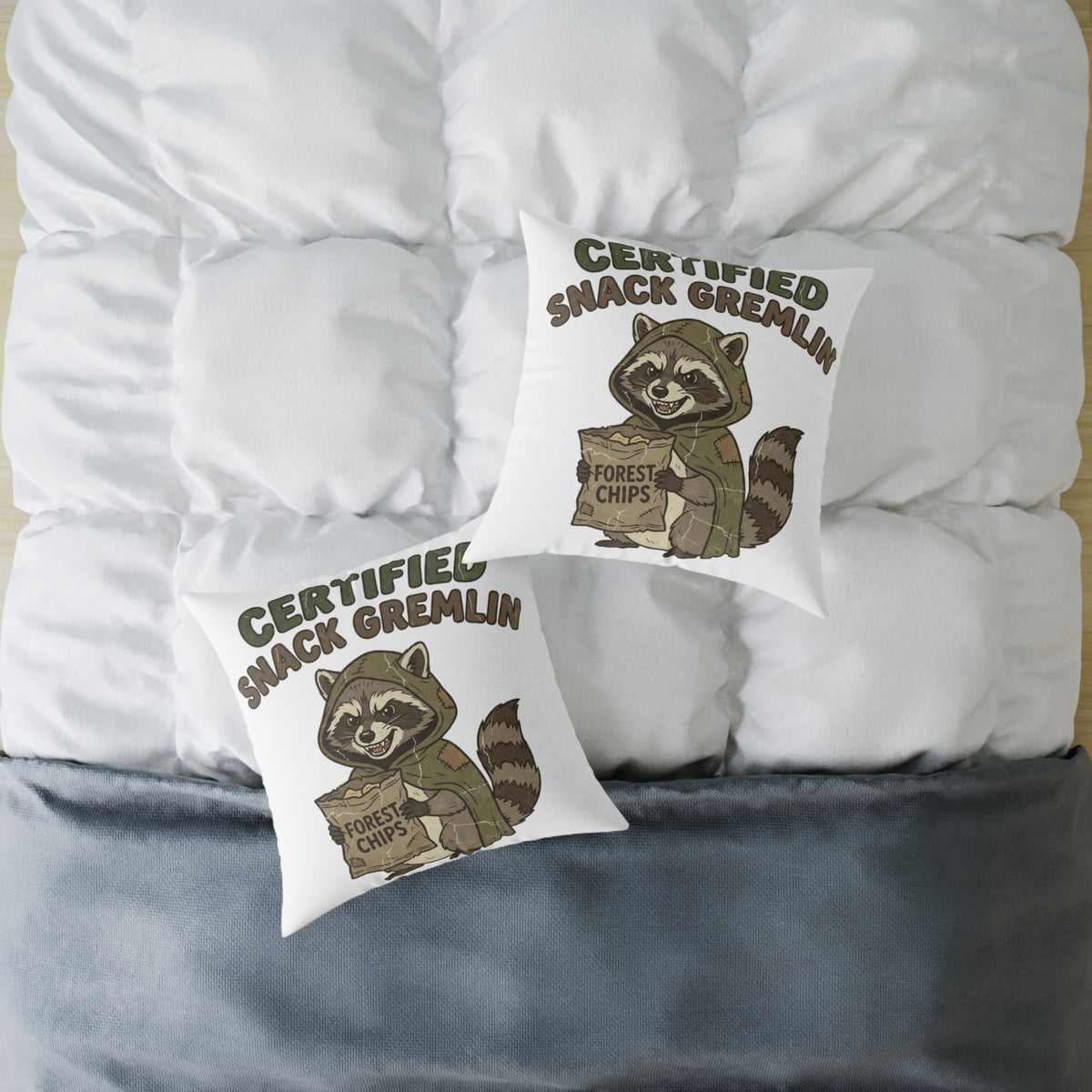 Funny Certified Snack Gremlin Raccoon Pillow — Cute Animal Snack Lover Throw Pillow