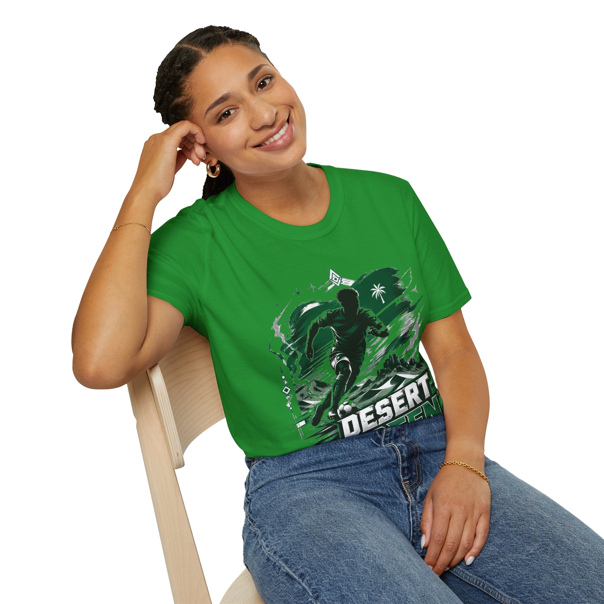 Saudi Arabia Desert Green Soccer T-Shirt — Silhouette Player Graphic