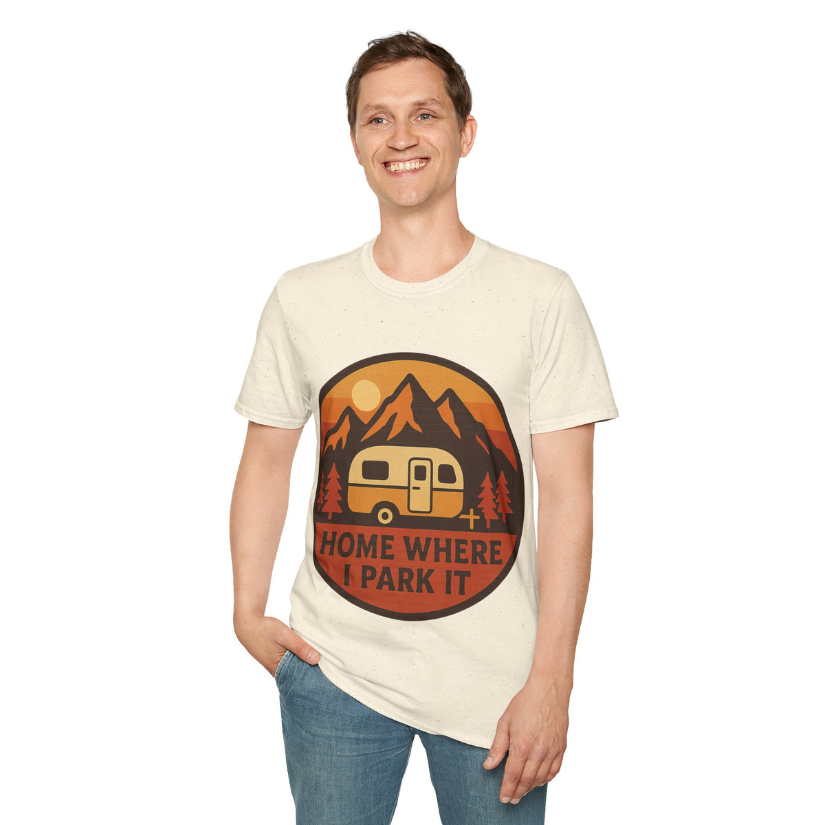 "Home Where I Park It" Vintage Camper Van Graphic Tee - Retro Sunset Mountain White T-Shirt - Trending Now - September 2026