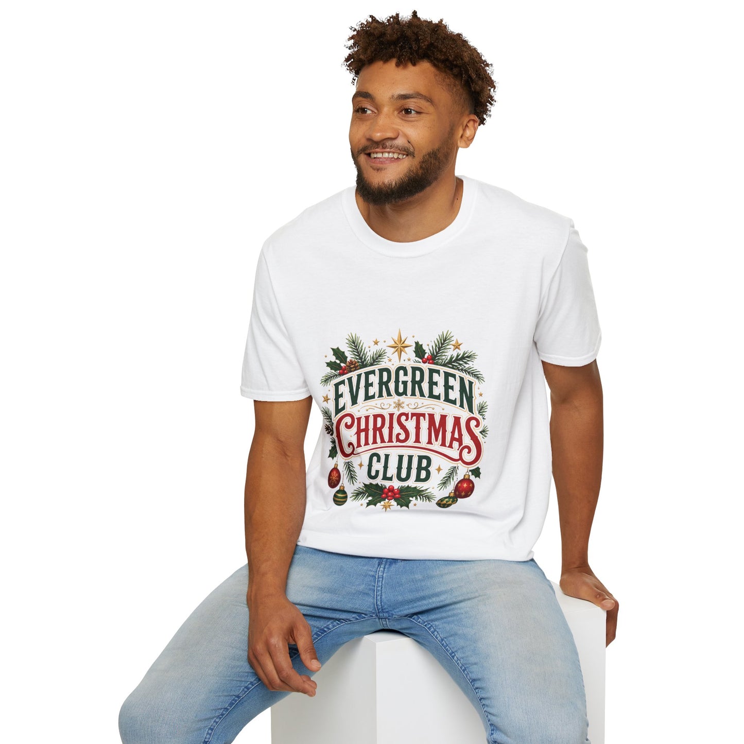 Evergreen Christmas Club T-Shirt — Vintage Holiday Pine & Ornaments Tee