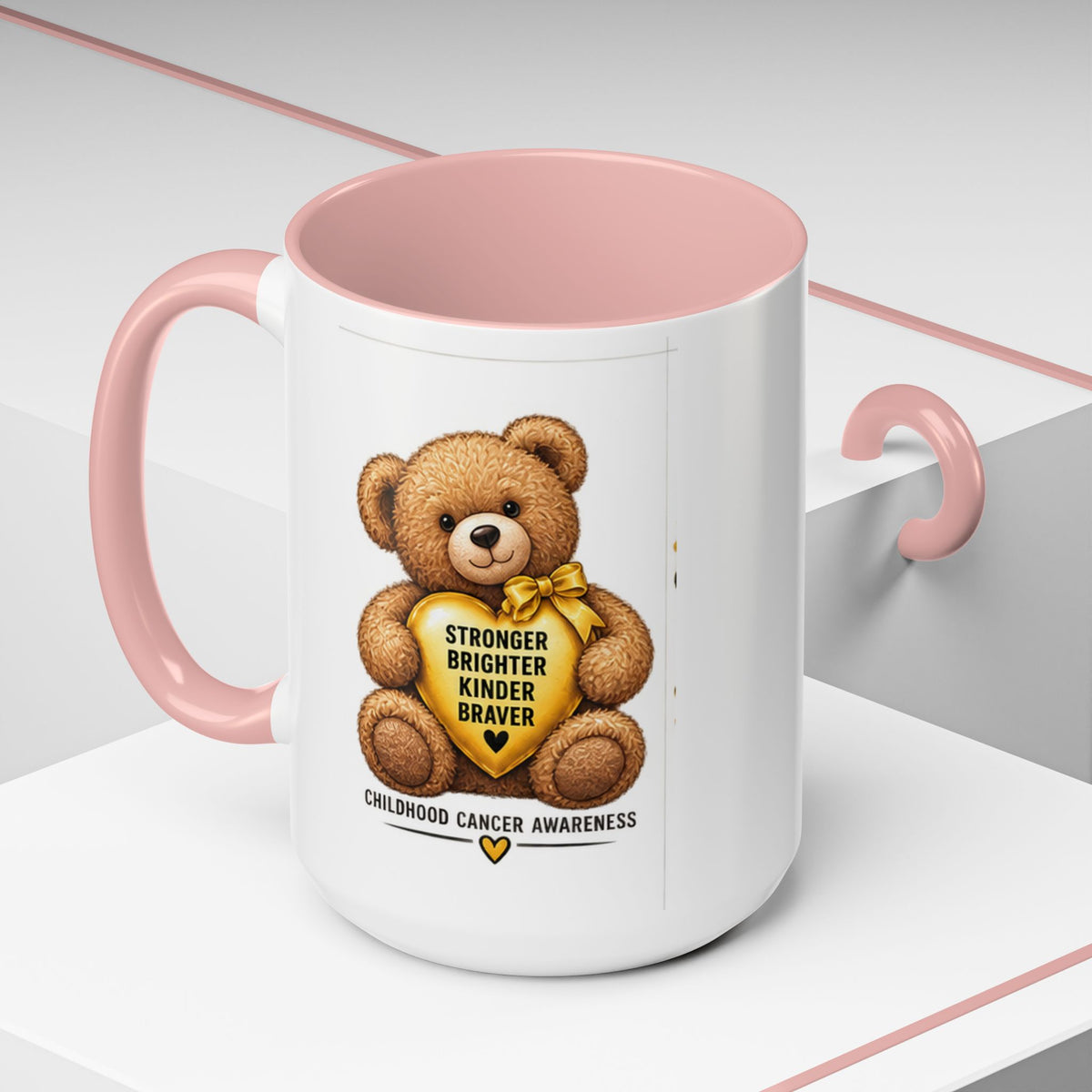 Childhood Cancer Awareness Coffee Mug — 'Stronger Brighter Kinder Braver' Teddy