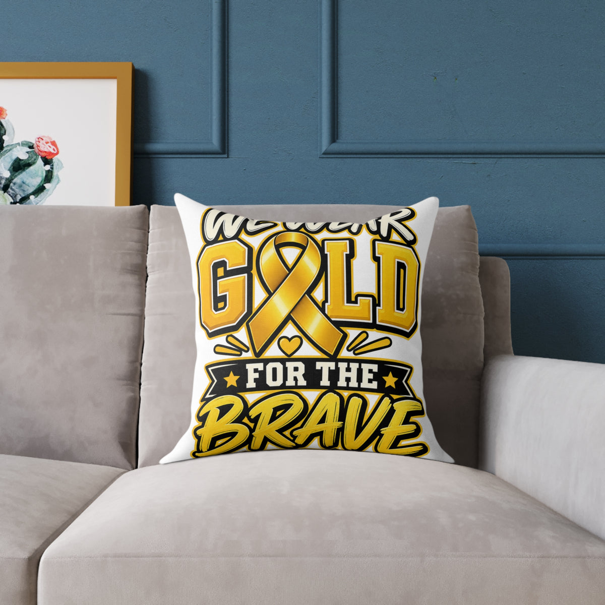 Childhood Cancer Gold Ribbon 'We Wear Gold For The Brave' Square Throw Pillow