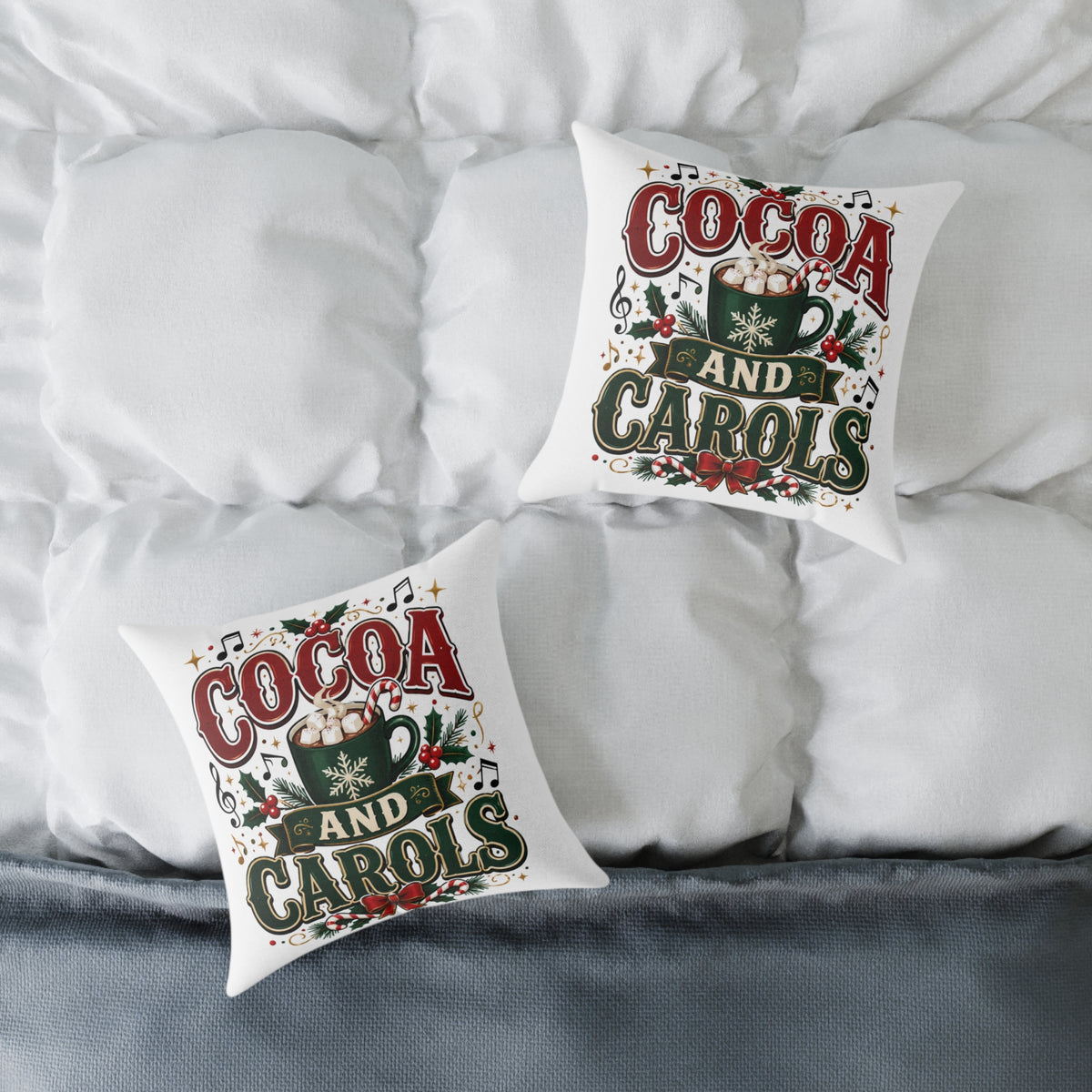 Christmas Cocoa and Carols Square Pillow — Holiday Hot Cocoa Christmas Decor