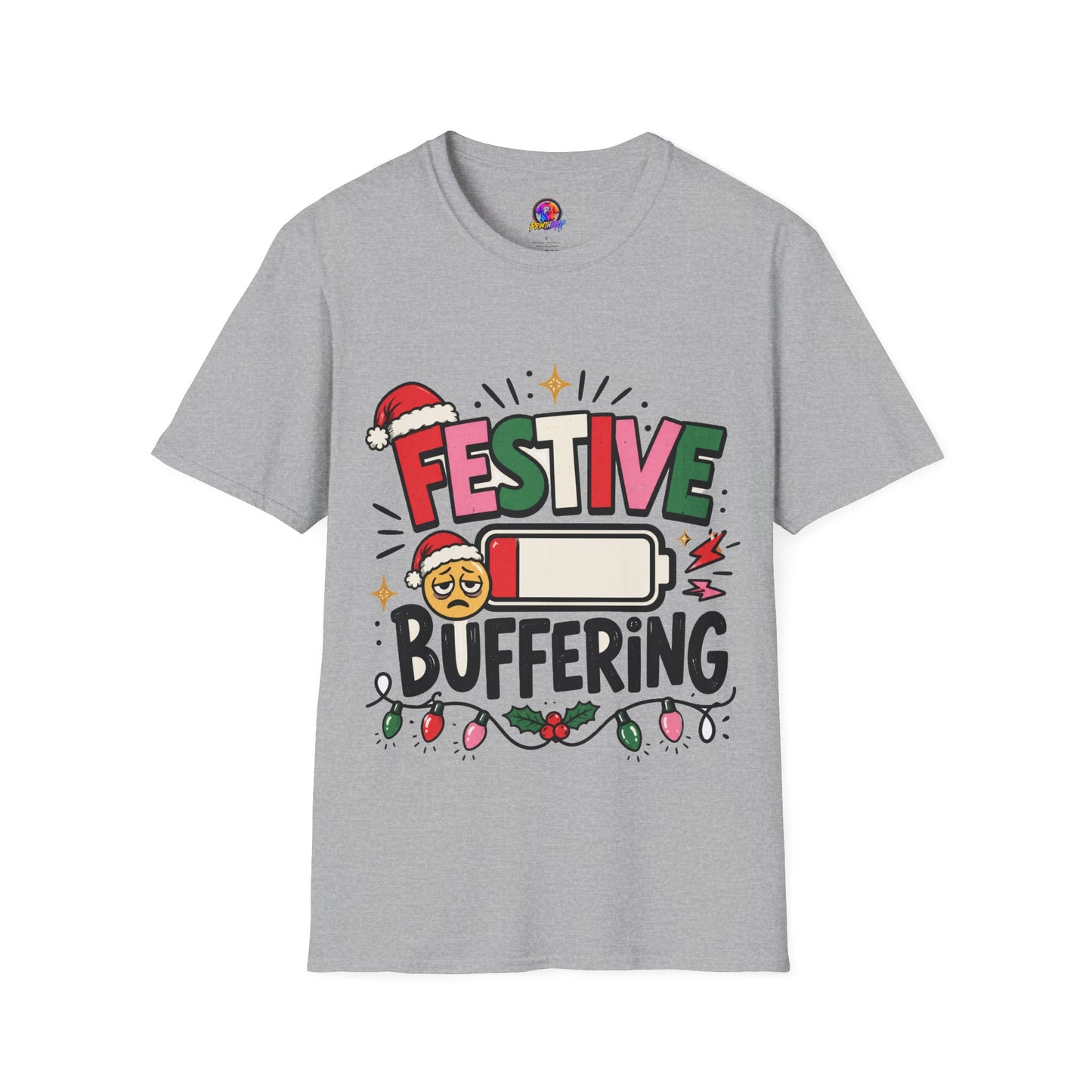 Festive Buffering T-Shirt — Funny Holiday Christmas Tee with Loading Battery Design