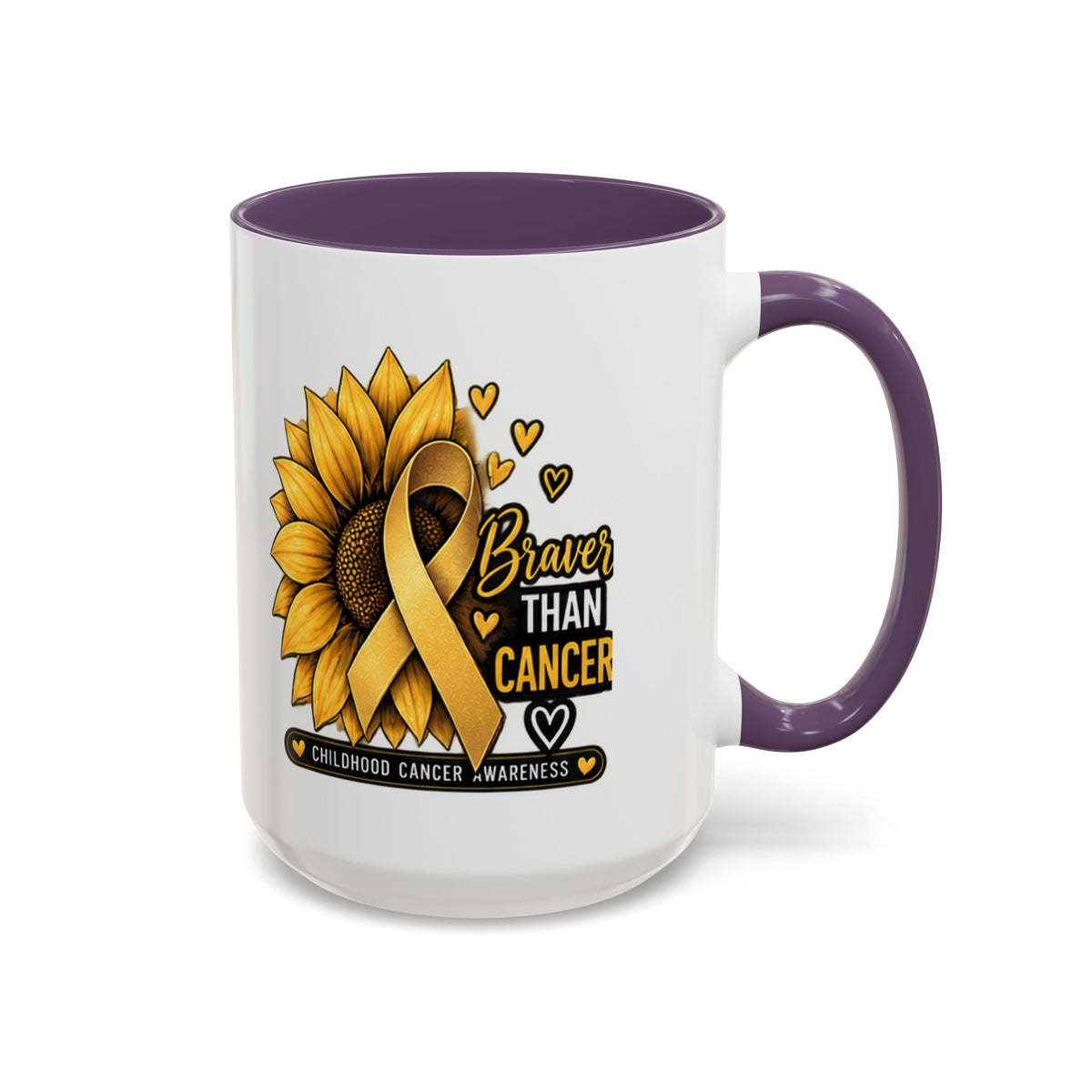 Childhood Cancer Awareness Mug — "Braver Than Cancer" Sunflower & Gold Ribbon