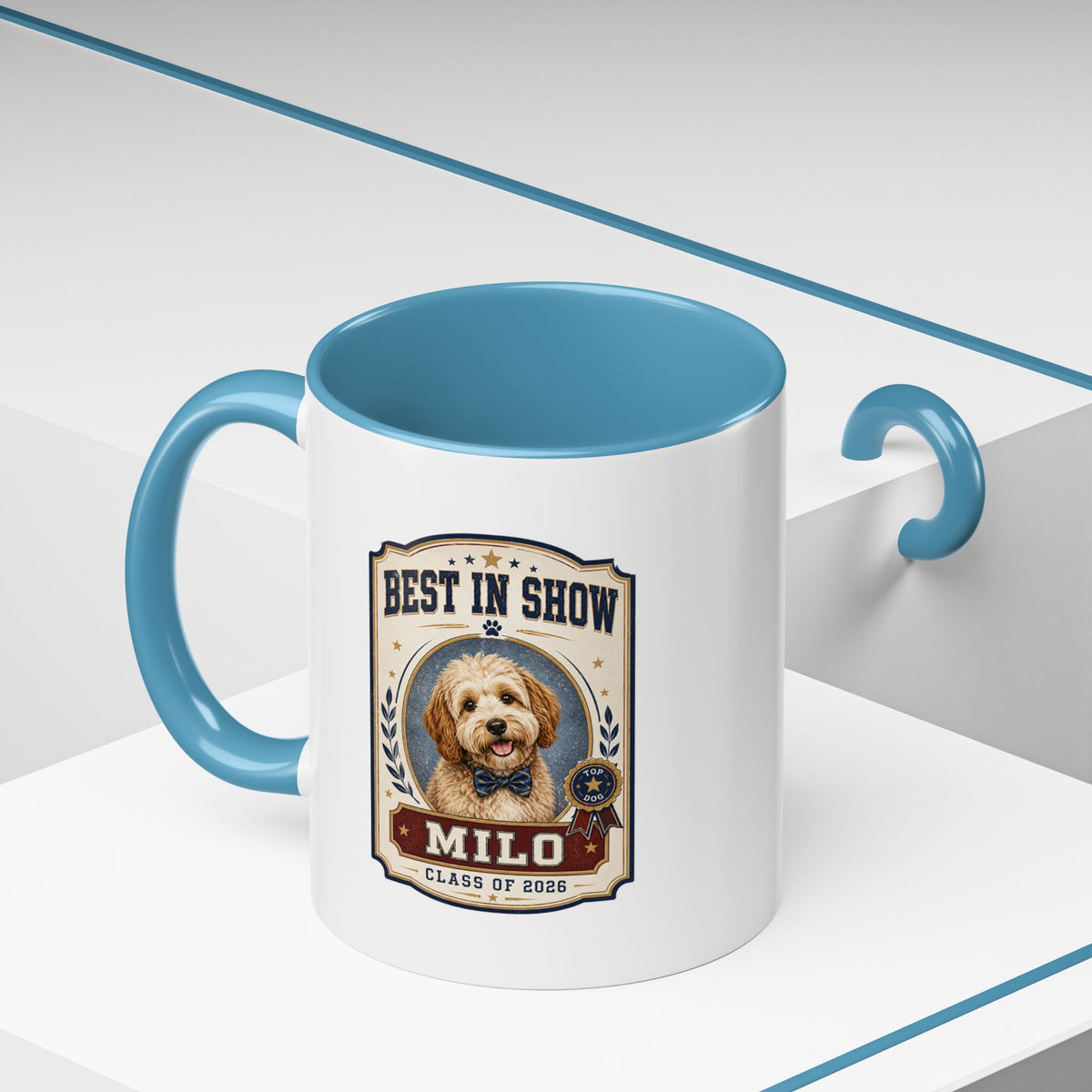 Milo Bailey Dog Dad Mom Best in Show Personalized Dog Mug — "Milo" Class of 2028 Accent Coffee Mug