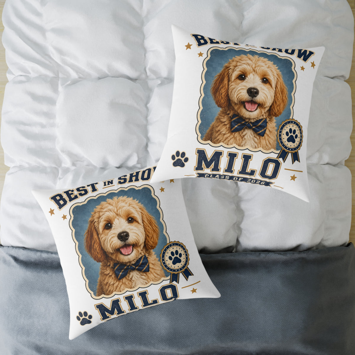 Milo Bailey Dog Dad Mom Square Pillow — 'Best in Show' Personalized Dog Portrait (Milo)