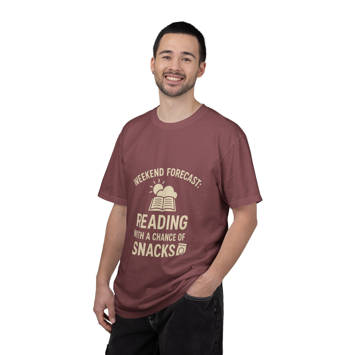 Reading & Snacks T-Shirt — "Weekend Forecast: Reading with a Chance of Snacks" - Trending Now - October 2026
