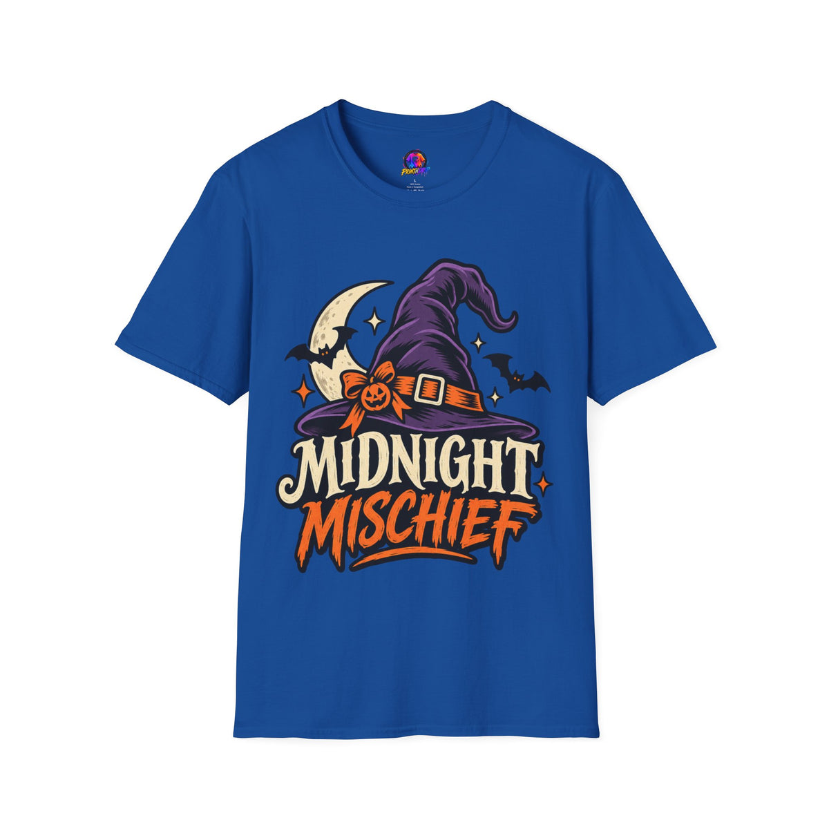 Midnight Mischief Halloween T-Shirt — Witch Hat & Bats Graphic