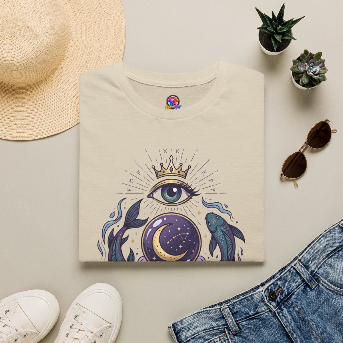 Pisces Mystic Eye T-Shirt — Witchy Astrology Moon & Crown Design
