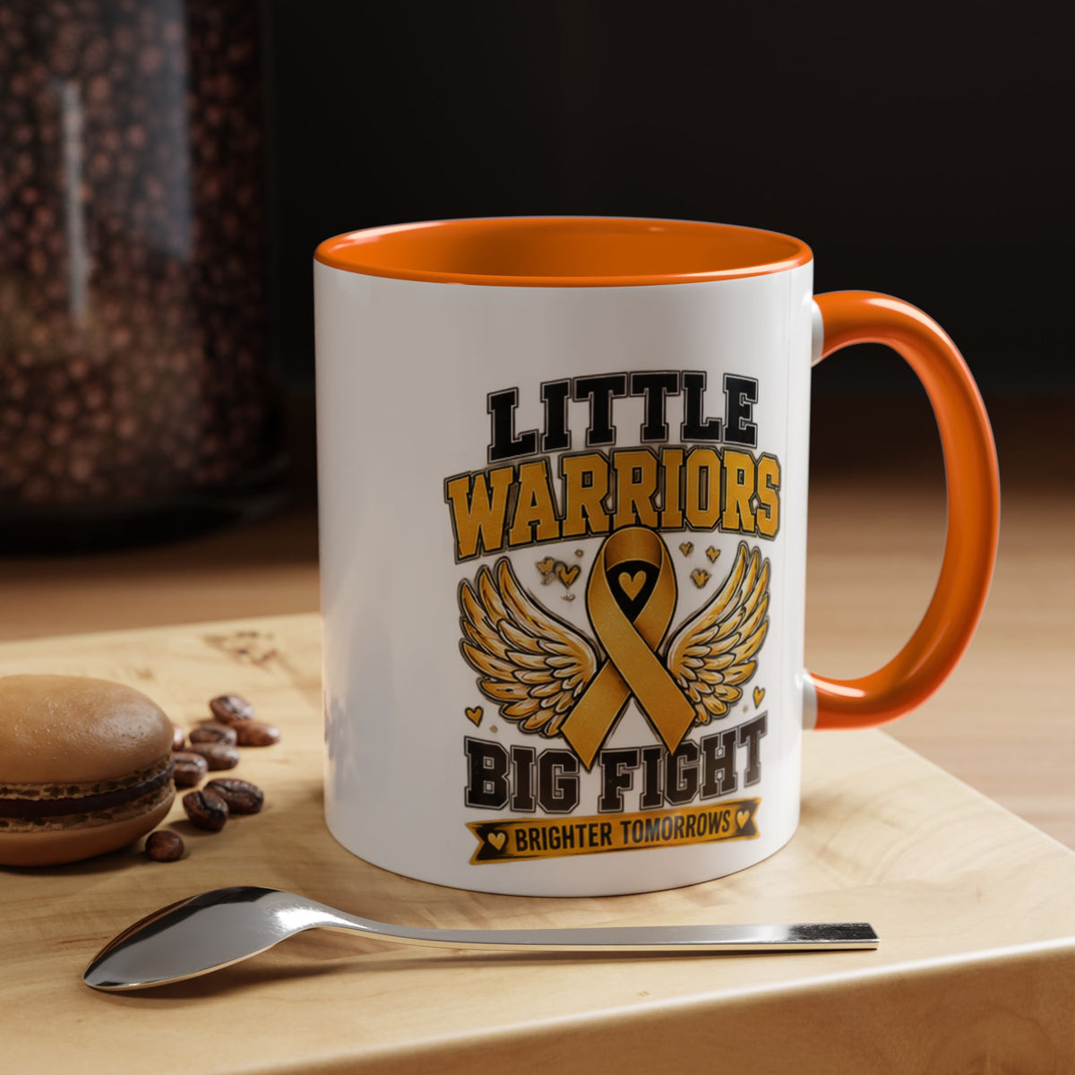 Little Warriors Big Fight Childhood Cancer Awareness Coffee Mug — Gold Ribbon Support Accent Mug