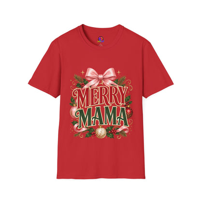 Merry Mama Christmas T-Shirt — Festive Bow & Holiday Greenery Tee