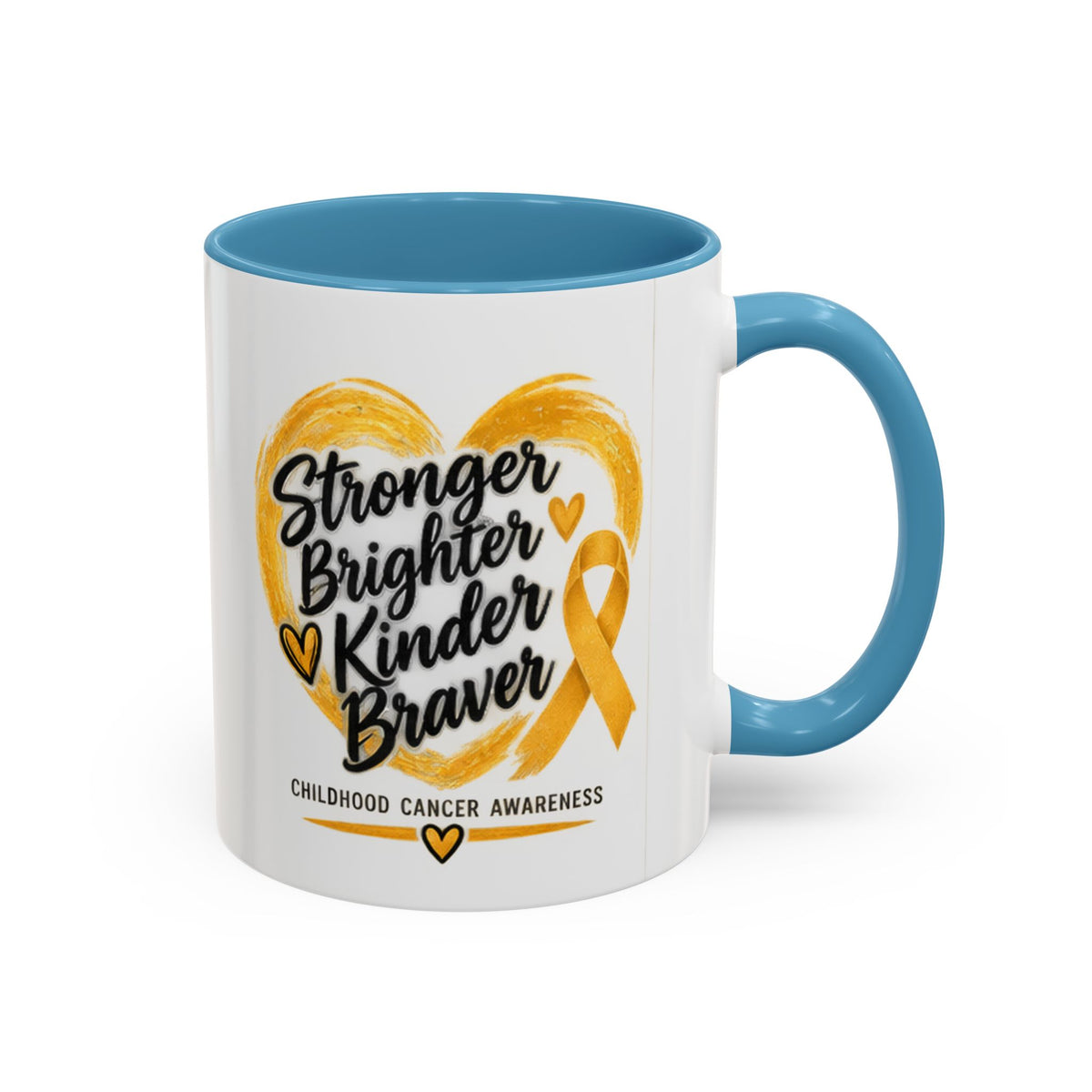 Childhood Cancer Awareness Accent Coffee Mug — "Stronger Brighter Kinder Braver"