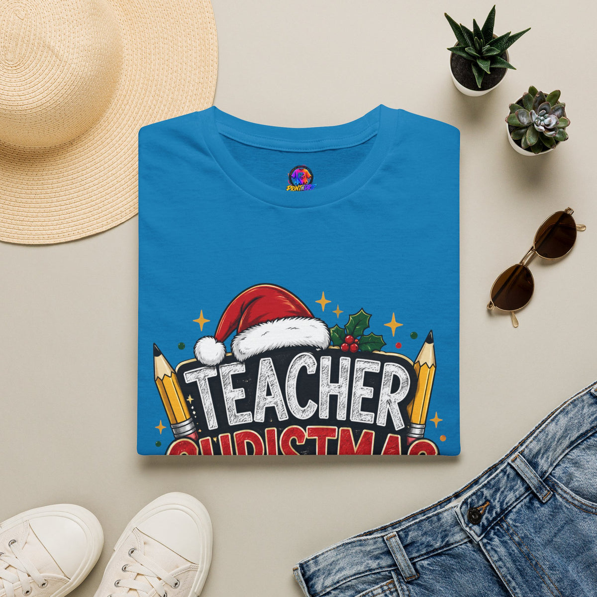 Teacher Christmas Crew T-Shirt — Holiday School Staff Tee with Santa Hat & Pencils