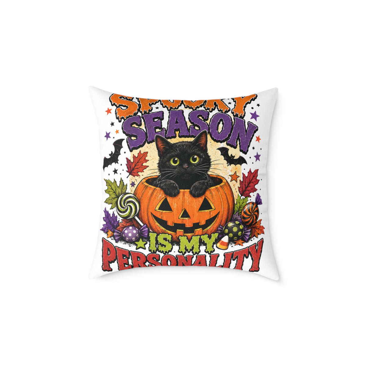 Halloween Pillow — "Season Is My Personality" Black Cat Pumpkin Decorative Throw Pillow