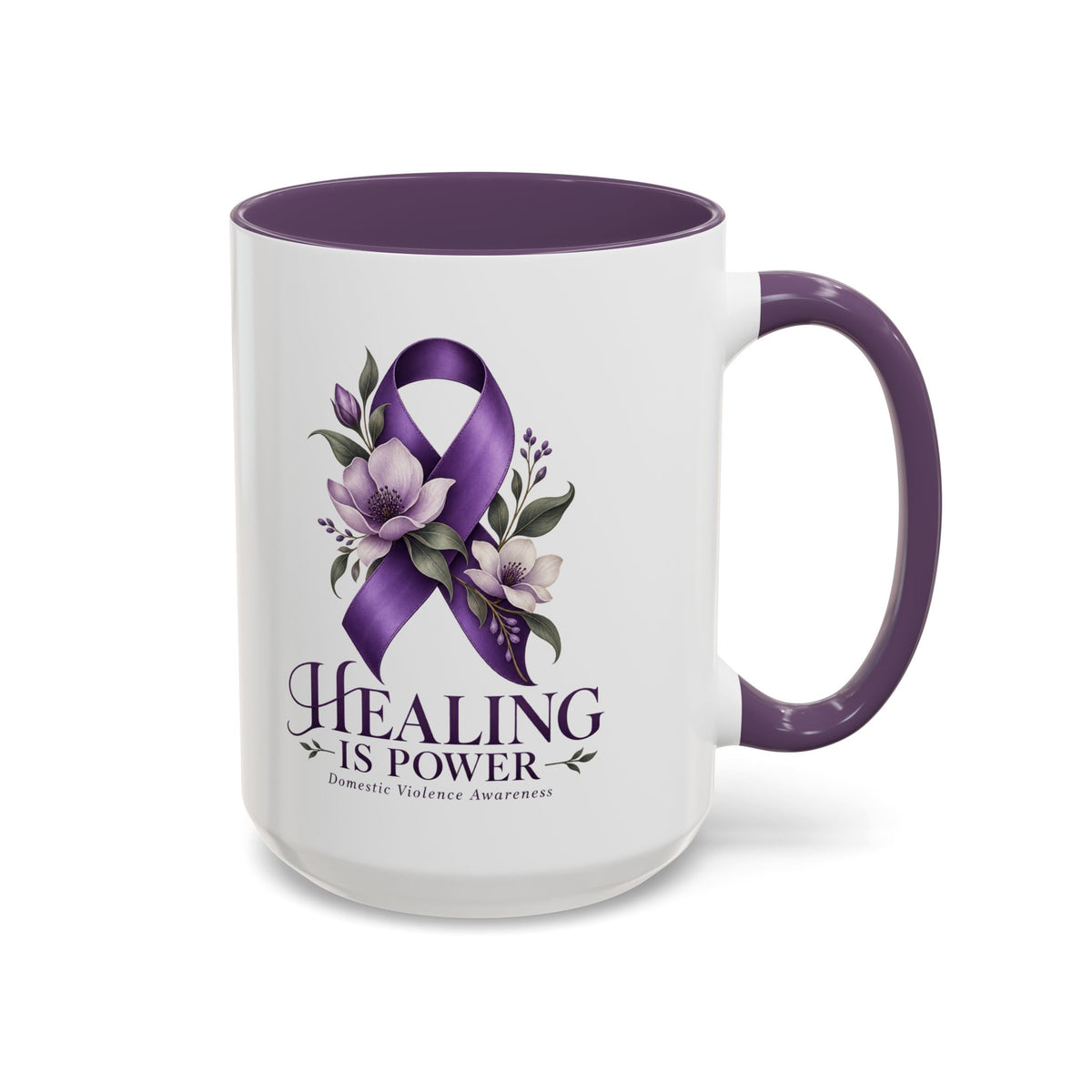 Healing Is Power Purple Ribbon Coffee Mug — Domestic Violence Awareness Accent Mug (11/15oz)