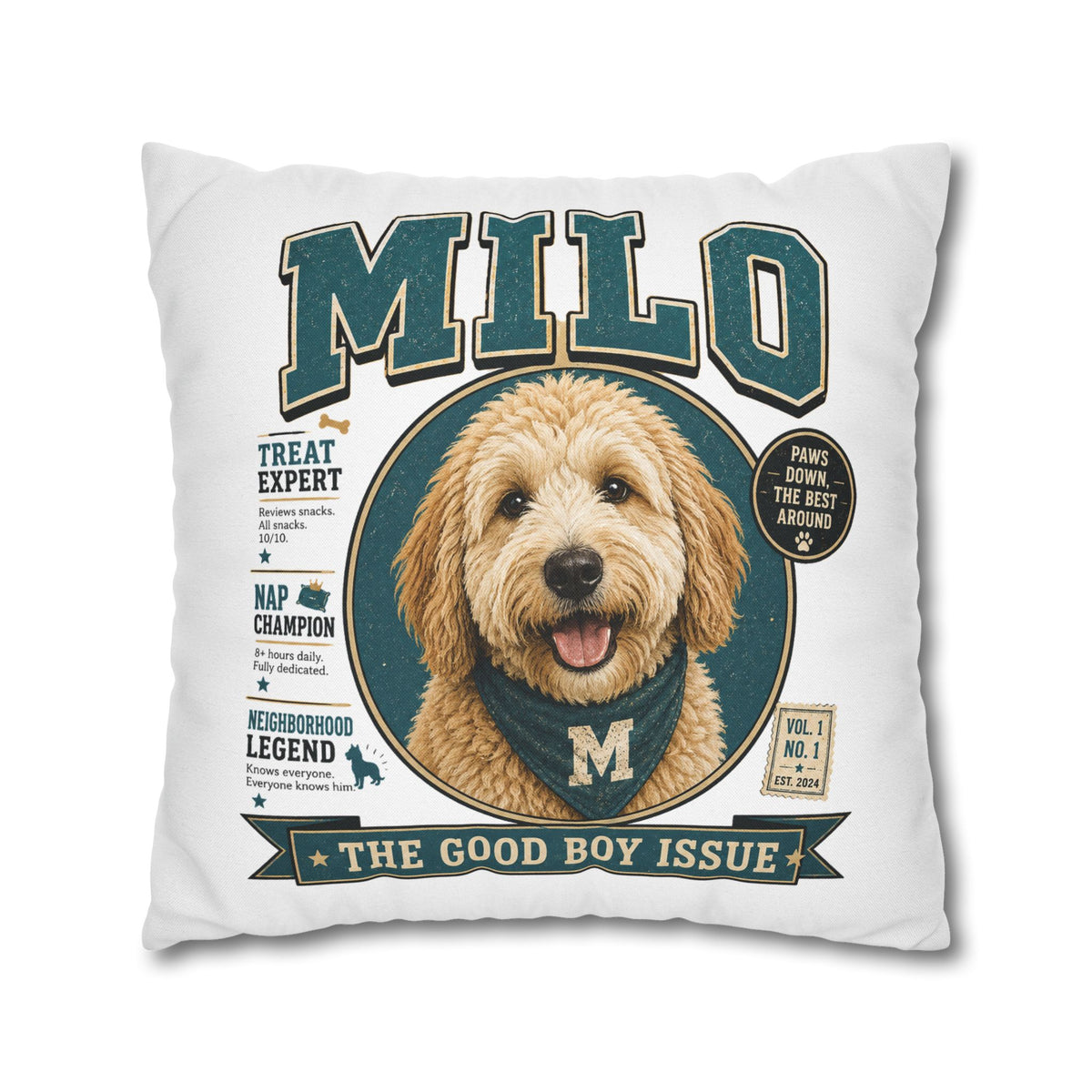 Milo 'The Good Boy Issue' Decorative Pillowcase – Personalized Dog Portrait Accent Pillowcase Milo Bailey Dog Dad Mom