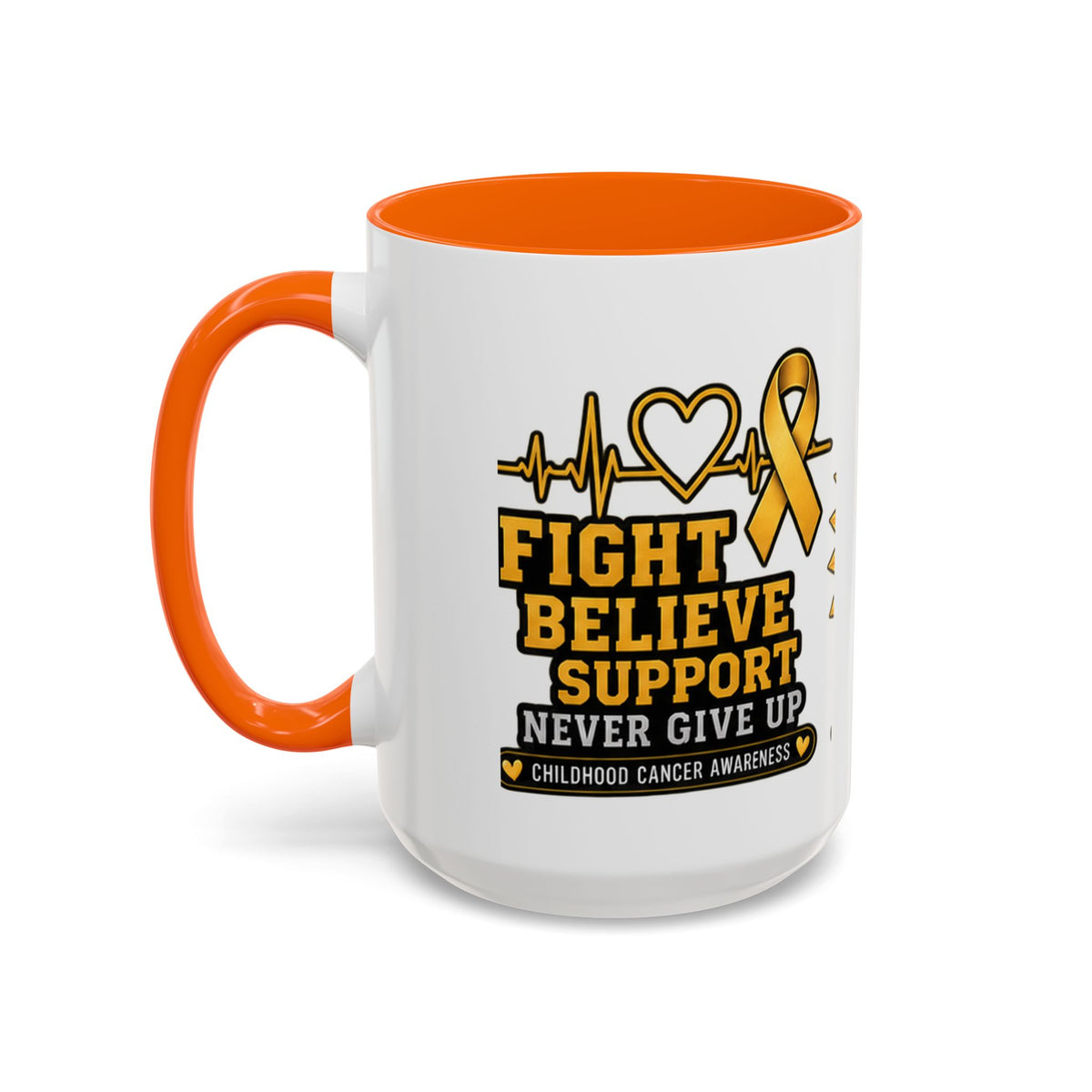Childhood Cancer Awareness Accent Coffee Mug — "Fight Believe Support" 11/15oz