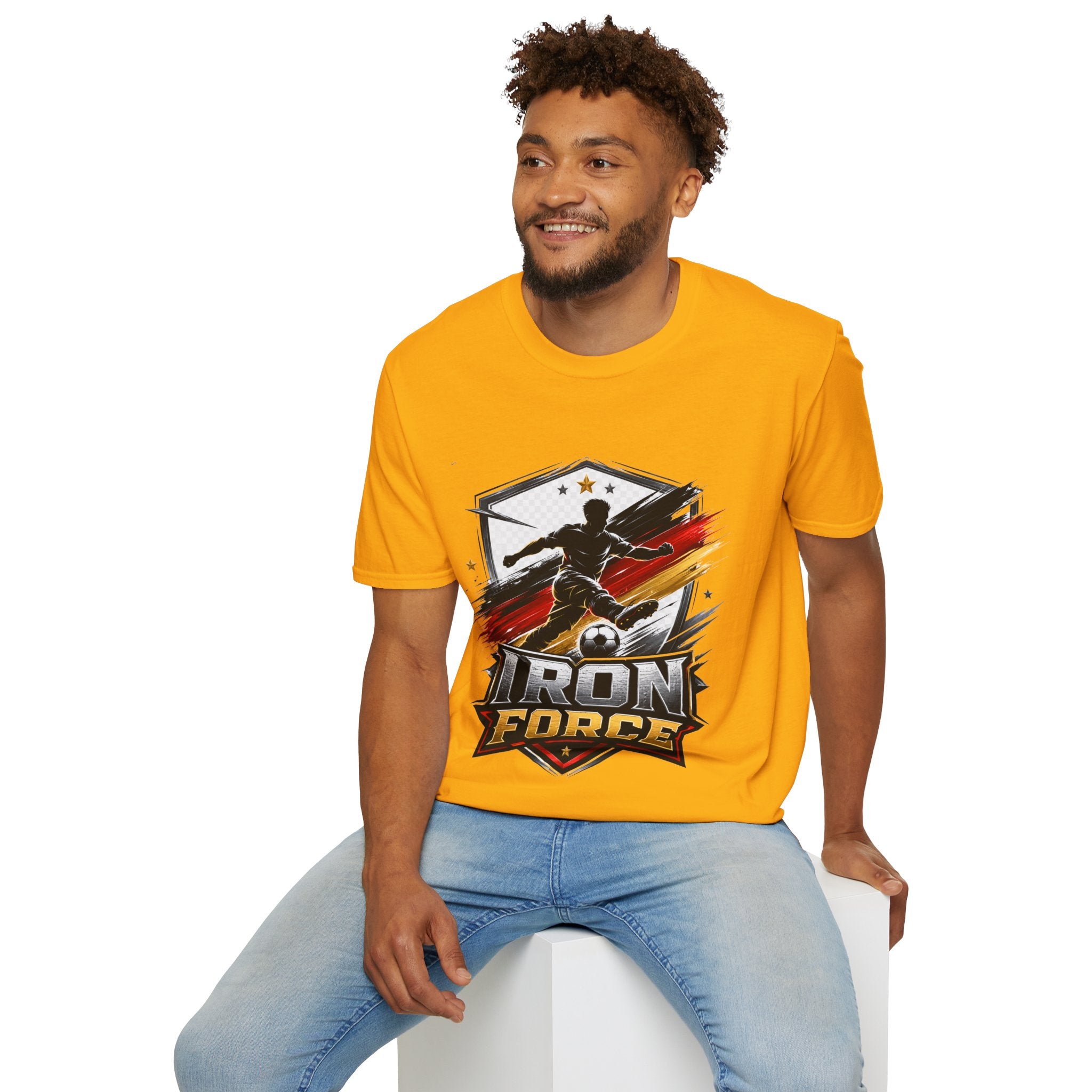 Germany Soccer 'Iron Force' Graphic T-Shirt — Player Silhouette with Red & Gold Brushstroke Emblem