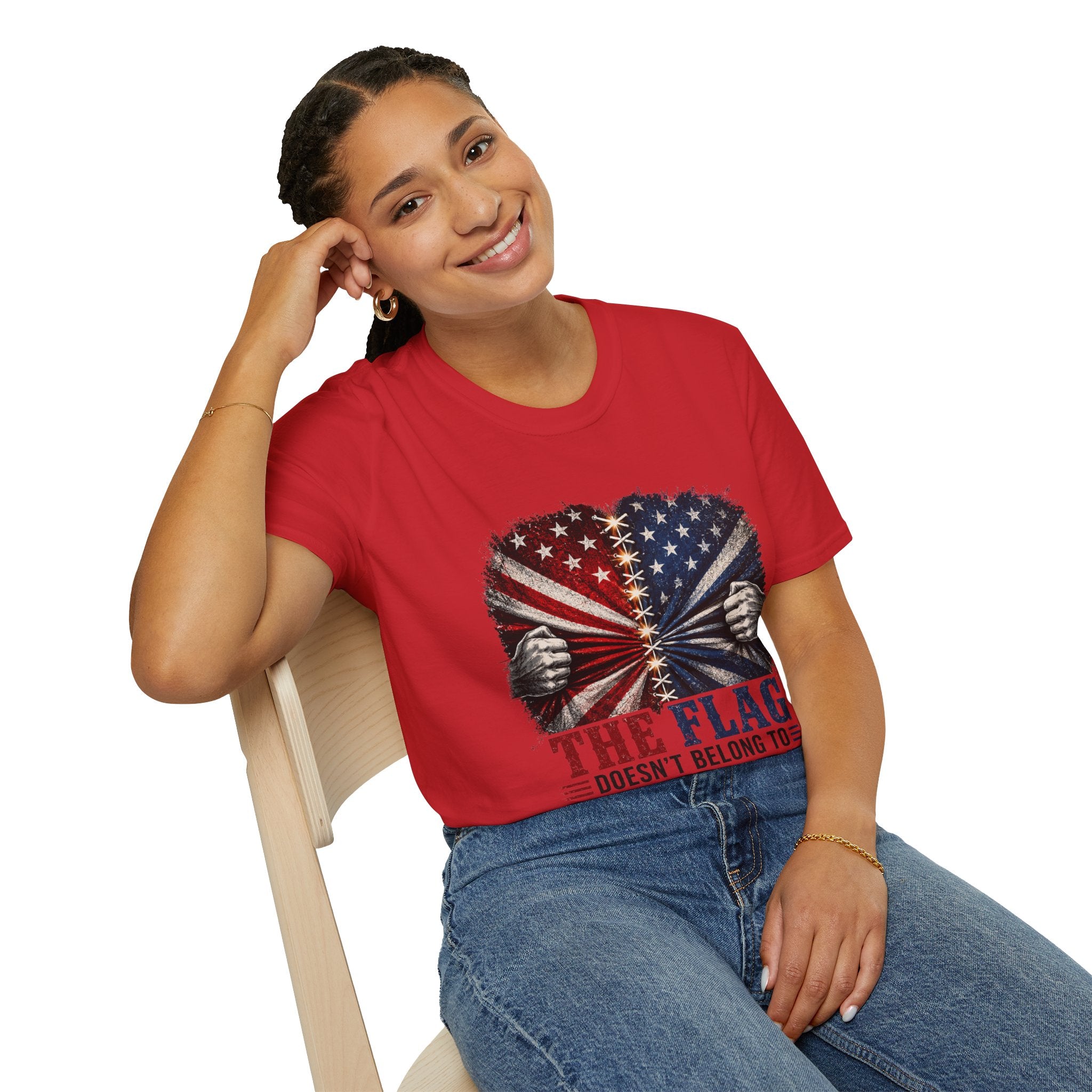 T-Shirt — "The Flag Doesn't Belong to One Side" Distressed American Flag Graphic