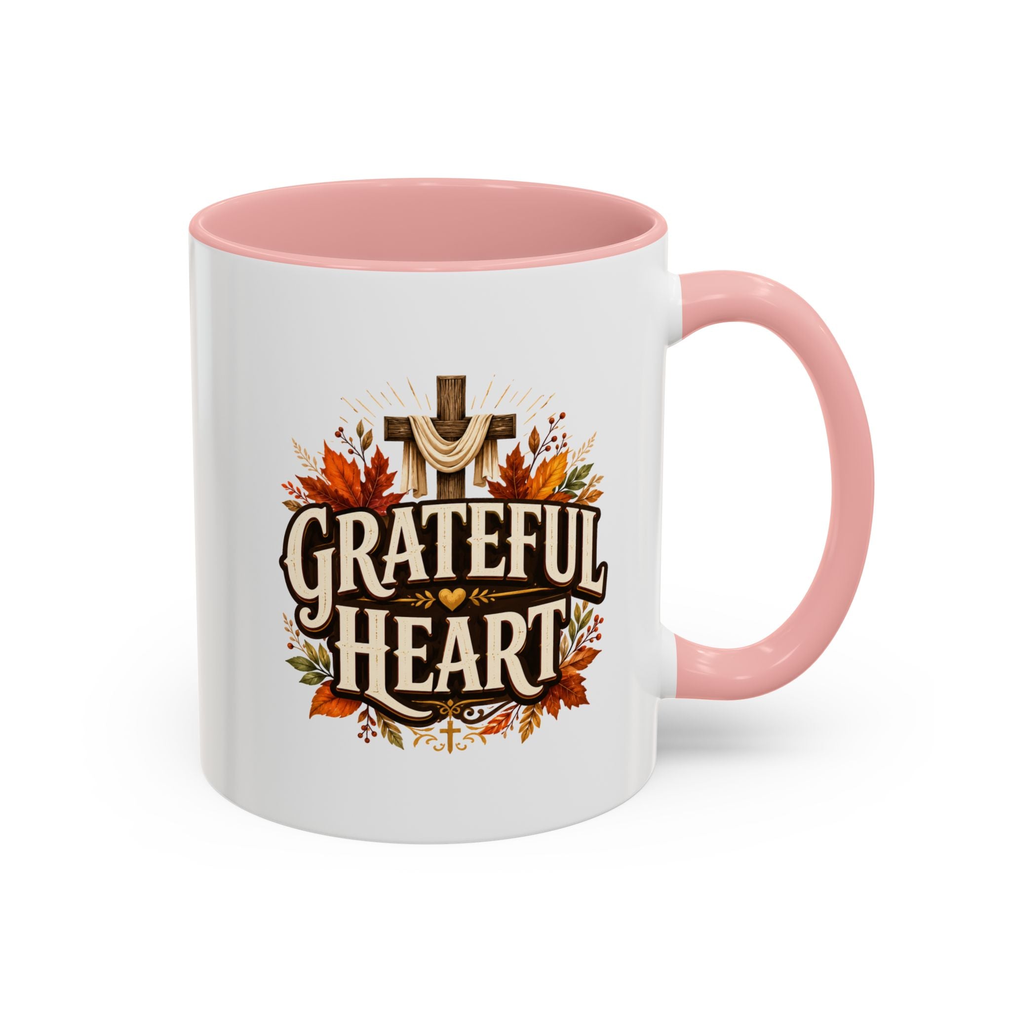 Thanksgiving Mug Grateful Heart Accent Coffee Mug – Autumn Leaves & Cross Spiritual Thanksgiving Gift