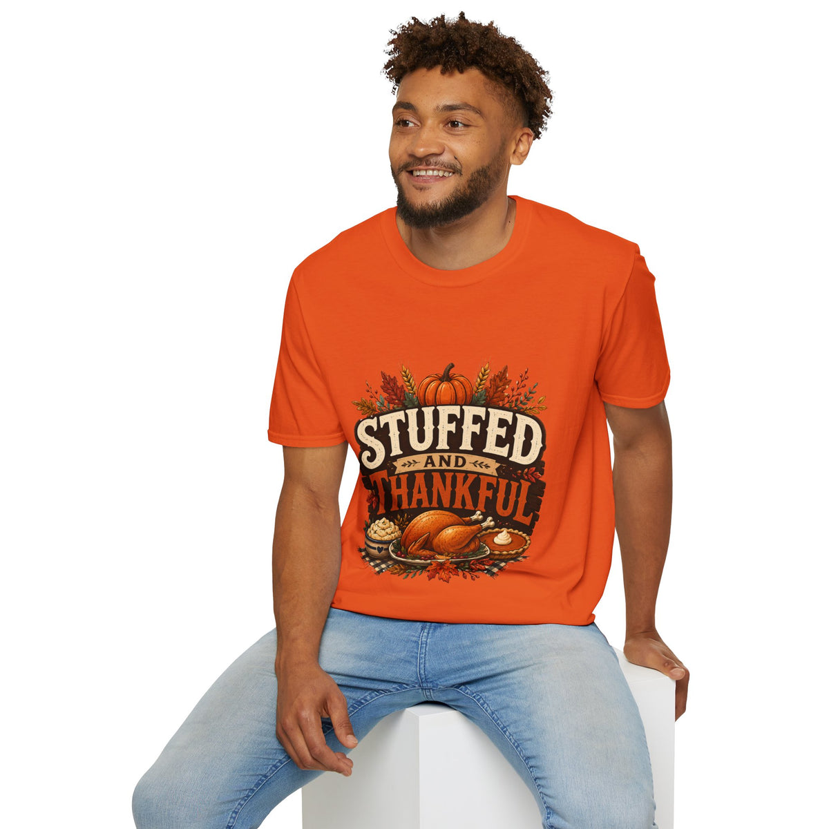Thanksgiving T-Shirt Stuffed and Thankful T-Shirt — Thanksgiving Pumpkin Fall Graphic Tee