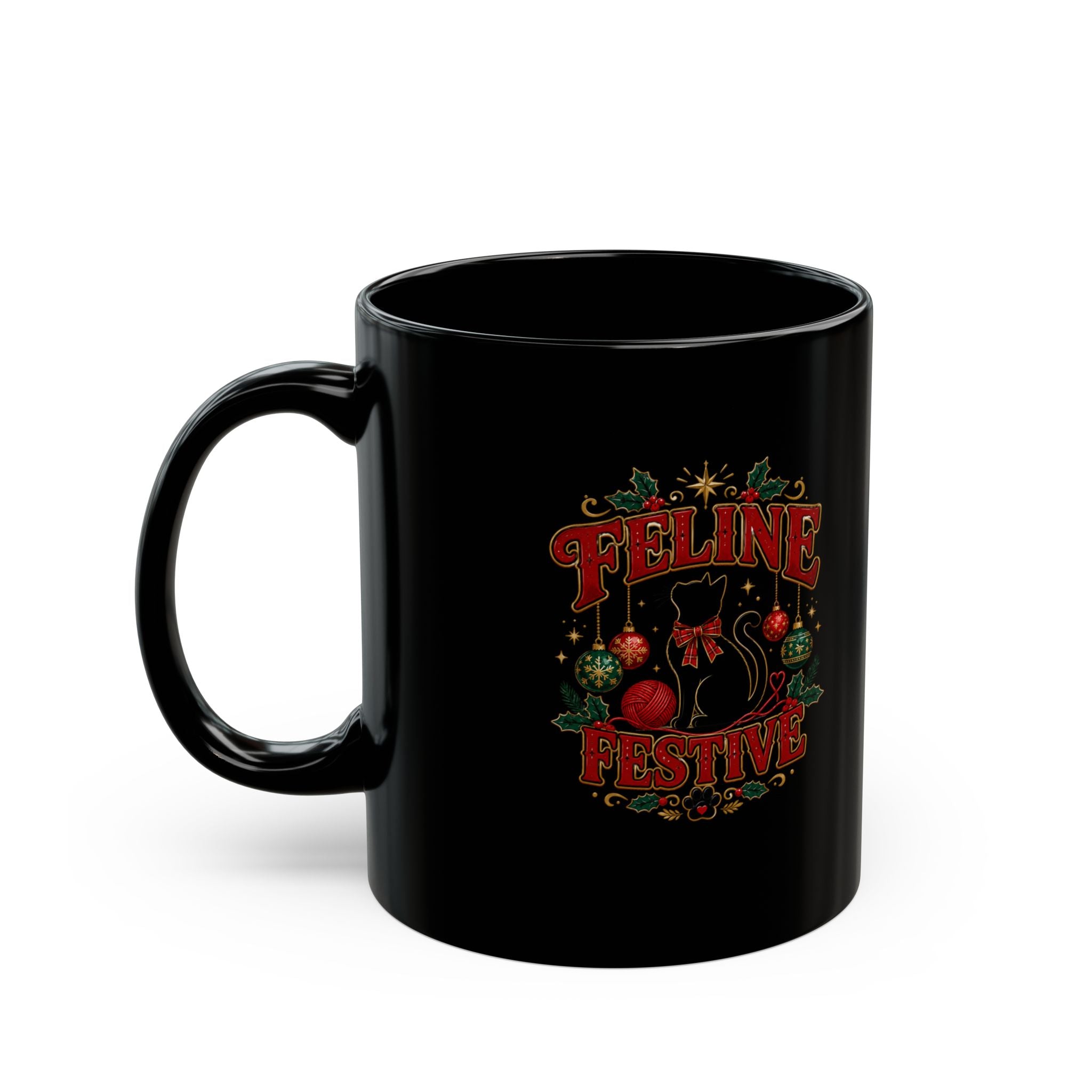 Feline Festive Black Mug — Christmas Cat Holiday Coffee Cup (