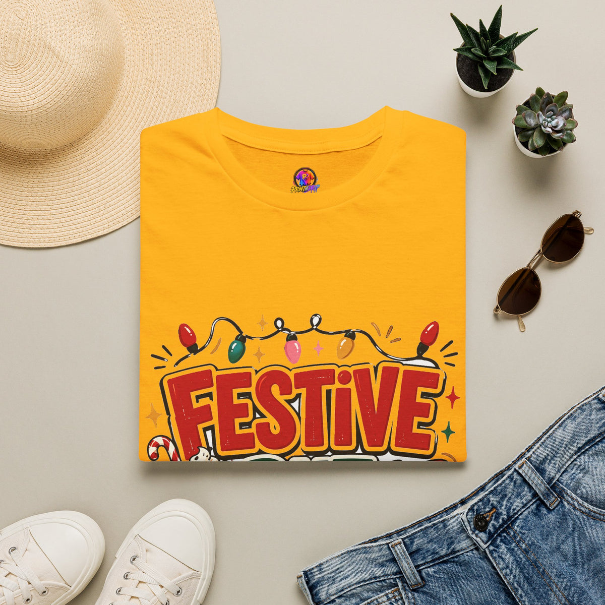 Festive But Tired T-Shirt — Holiday Christmas Crew Tee with Lights & Gingerbread