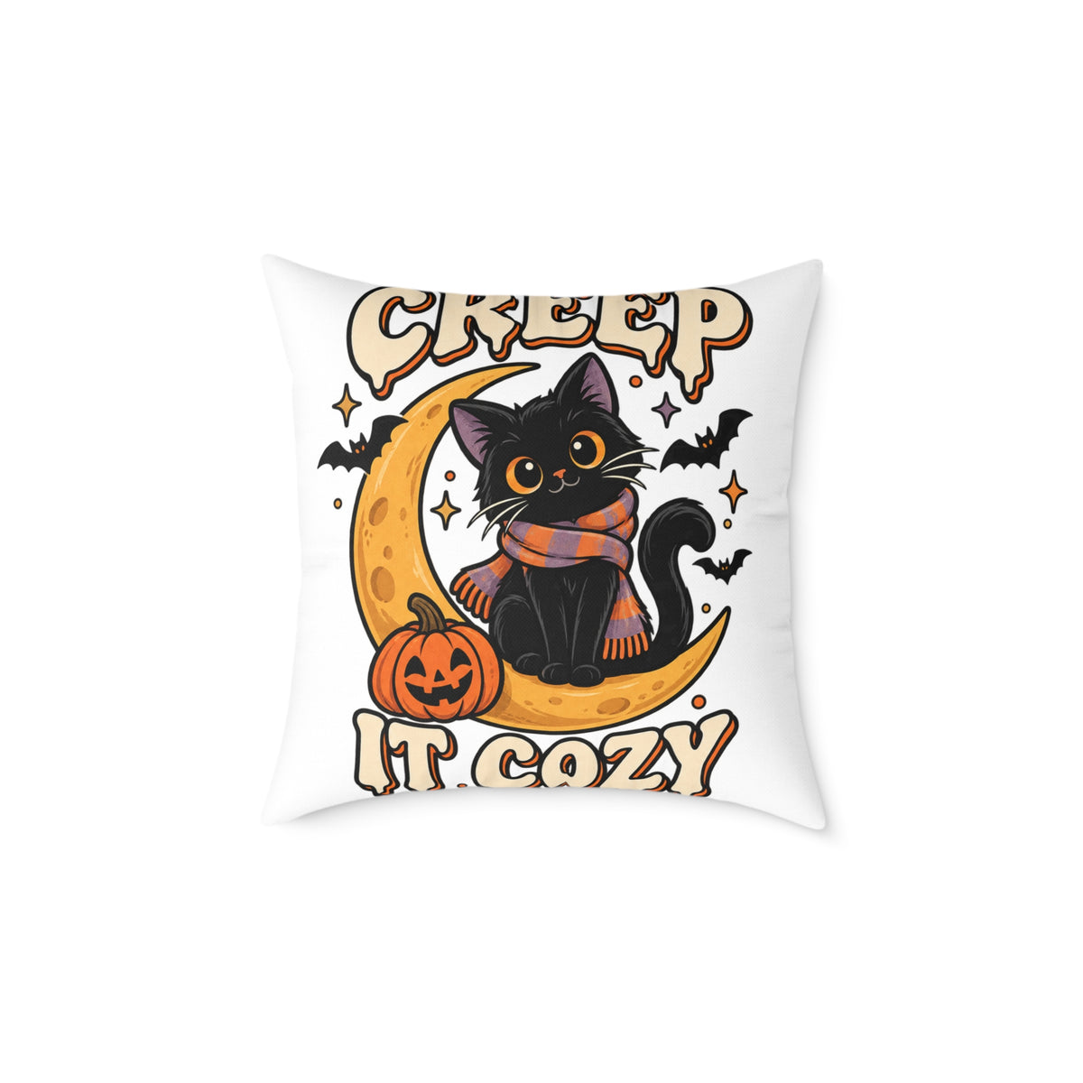 Halloween Cat Pillow — "Creep It Cozy" Decorative Square Throw Pillow