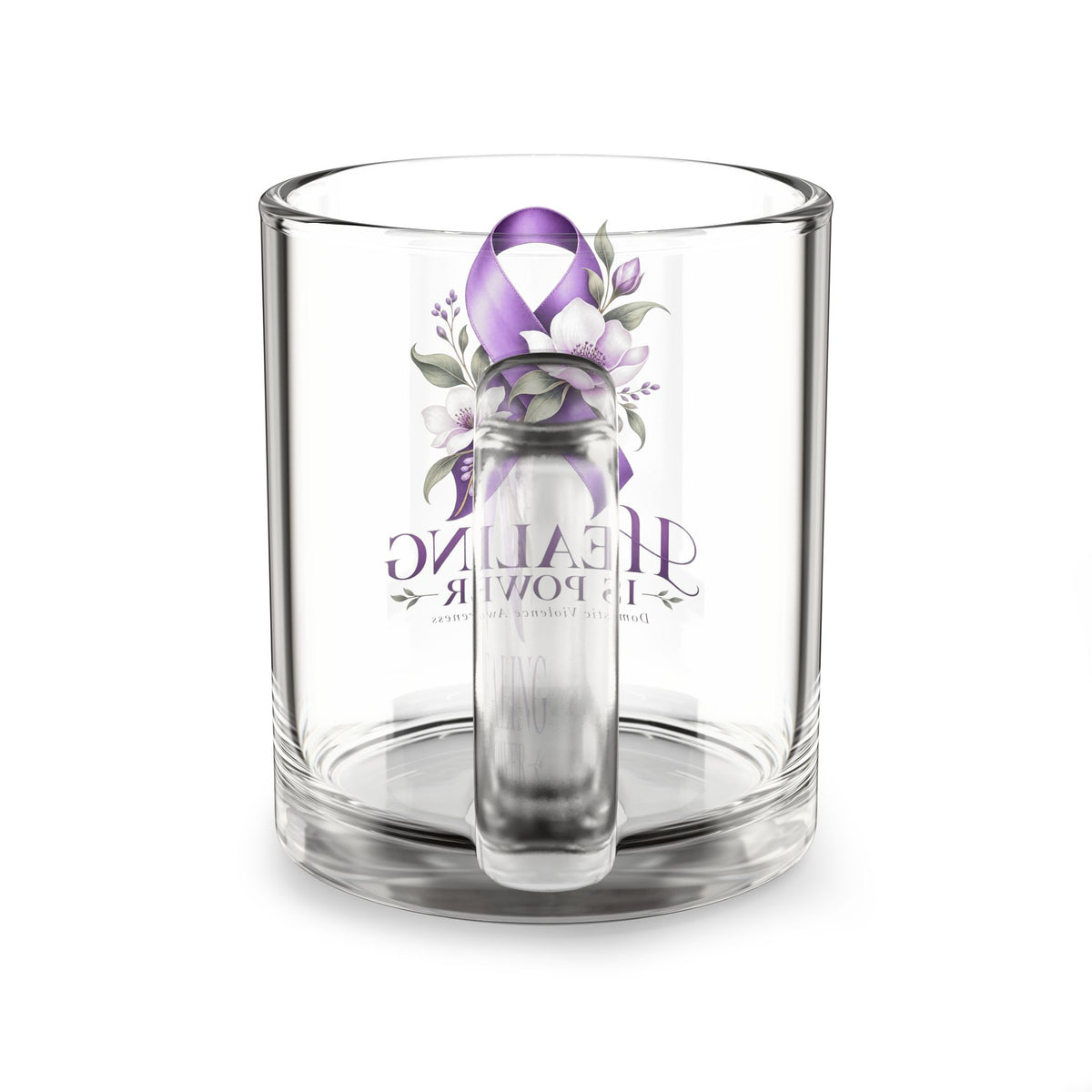 Healing Is Power Purple Ribbon Glass Mug — 10oz Domestic Violence Awareness Coffee Cup