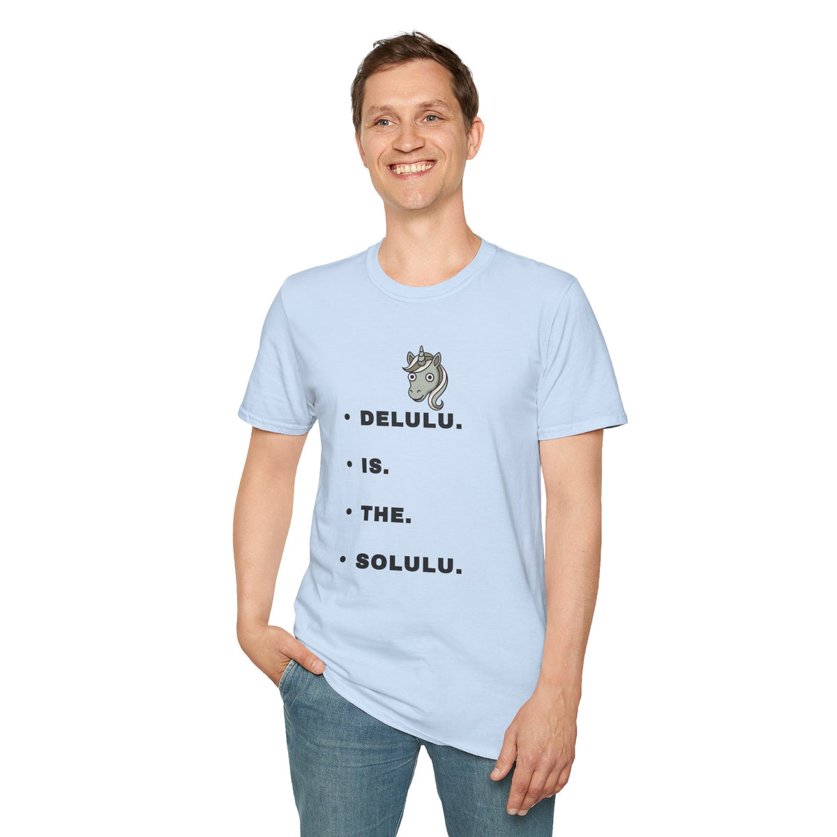 T-Shirt — Minimalist Unicorn Graphic Tee with "DELULU" Text - Trending Now - September 2026