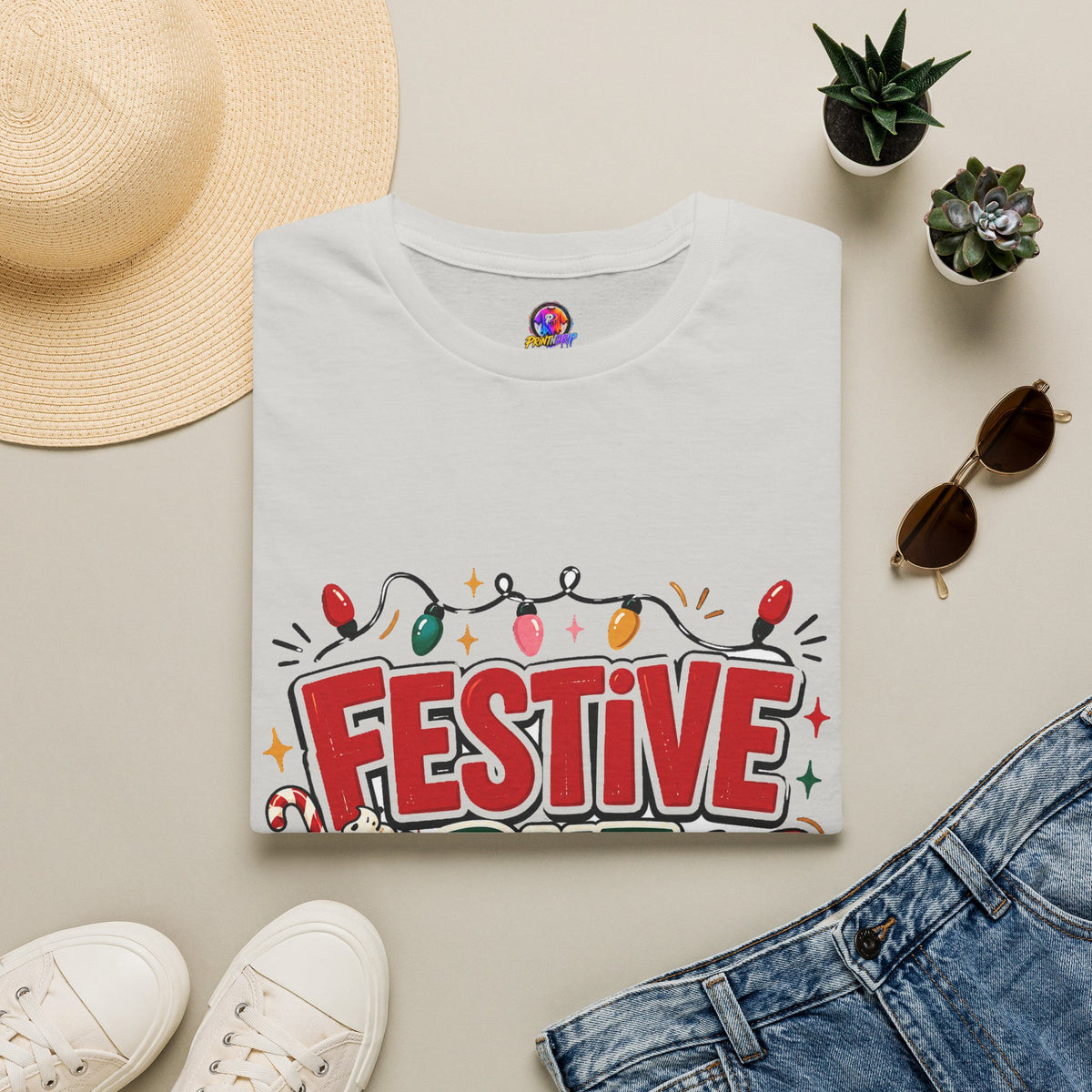 Festive But Tired T-Shirt — Holiday Christmas Crew Tee with Lights & Gingerbread