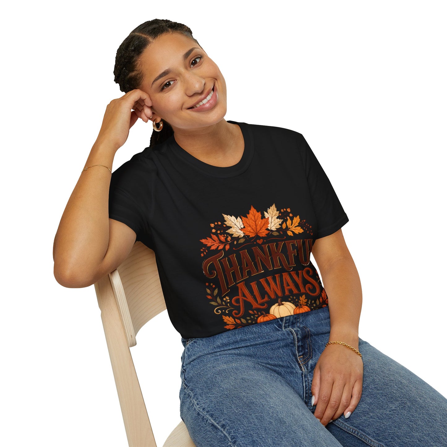 Thankful Always T-Shirt — Autumn Leaves & Pumpkins Thanksgiving Tee