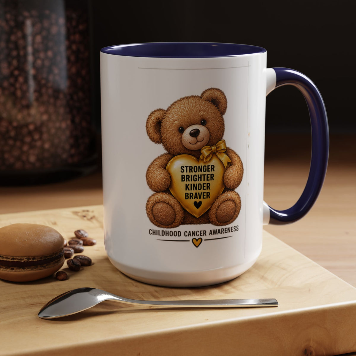Childhood Cancer Awareness Coffee Mug — 'Stronger Brighter Kinder Braver' Teddy
