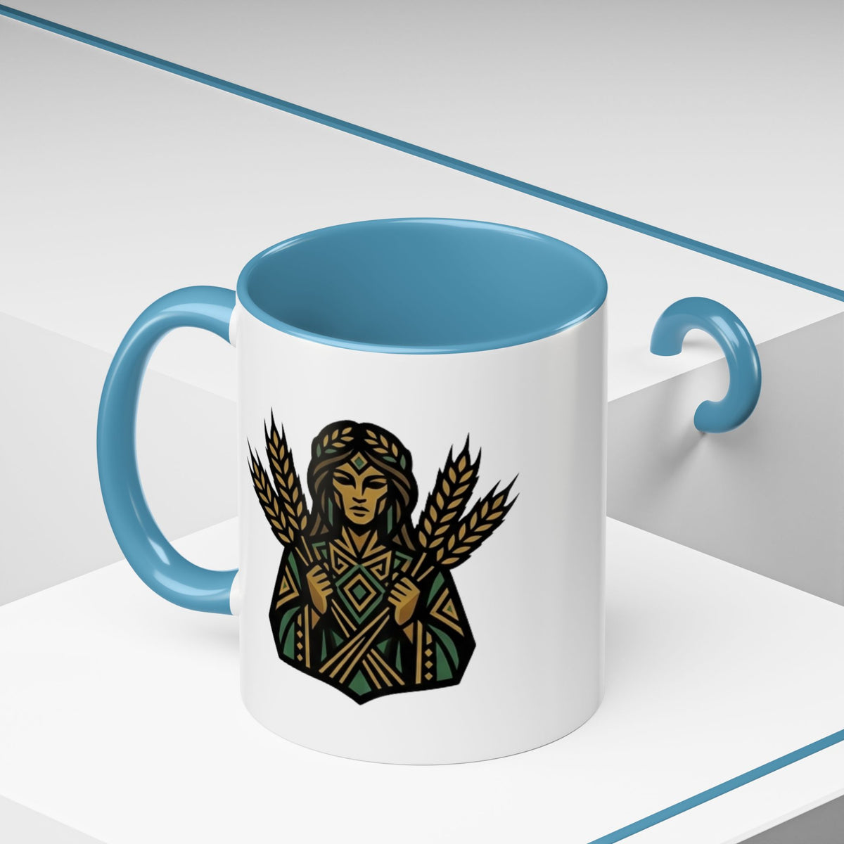 Virgo Zodiac Harvest Goddess Accent Coffee Mug — Rustic Wheat & Earthy Green Tribal Design