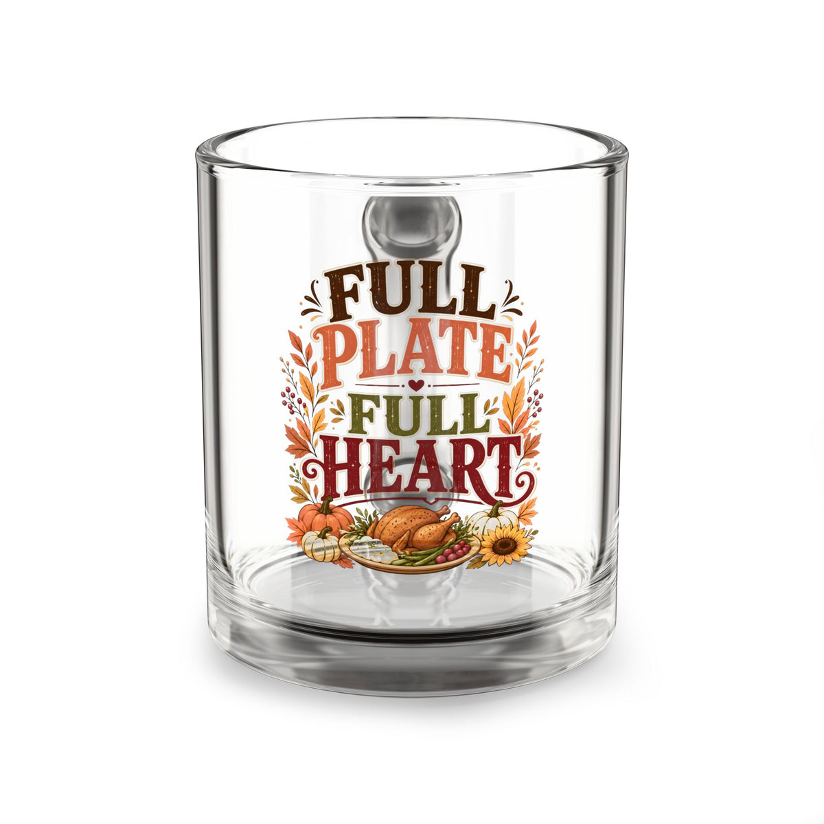 Glass Mug — "Full Plate, Full Heart" Thanksgiving Coffee Mug, 10oz