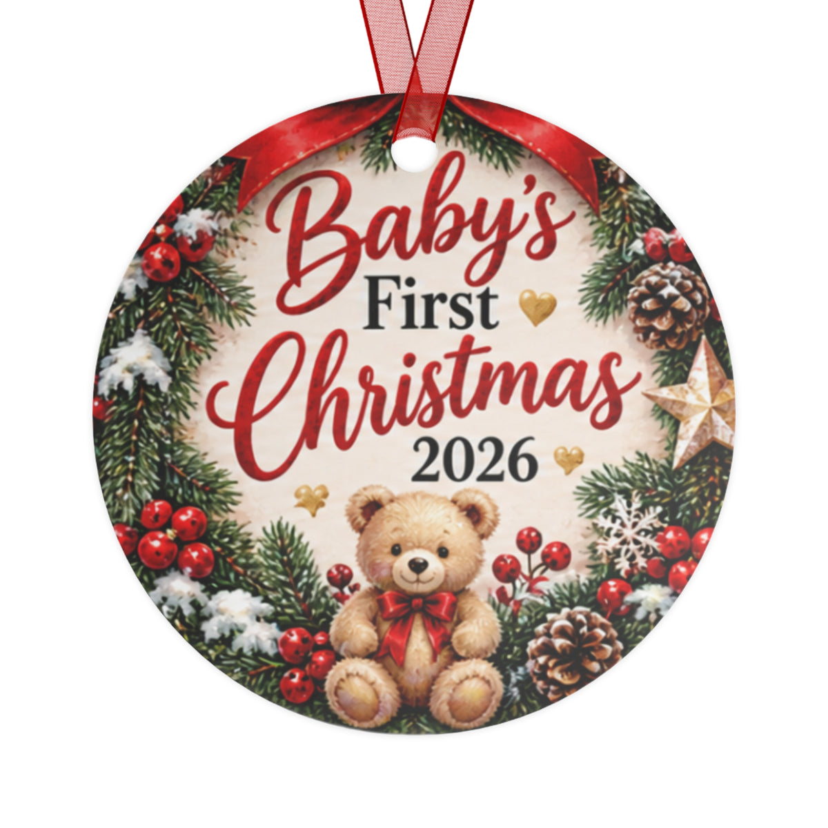 Baby's First Christmas 2026 Metal Ornament — Teddy Bear Holiday Keepsake