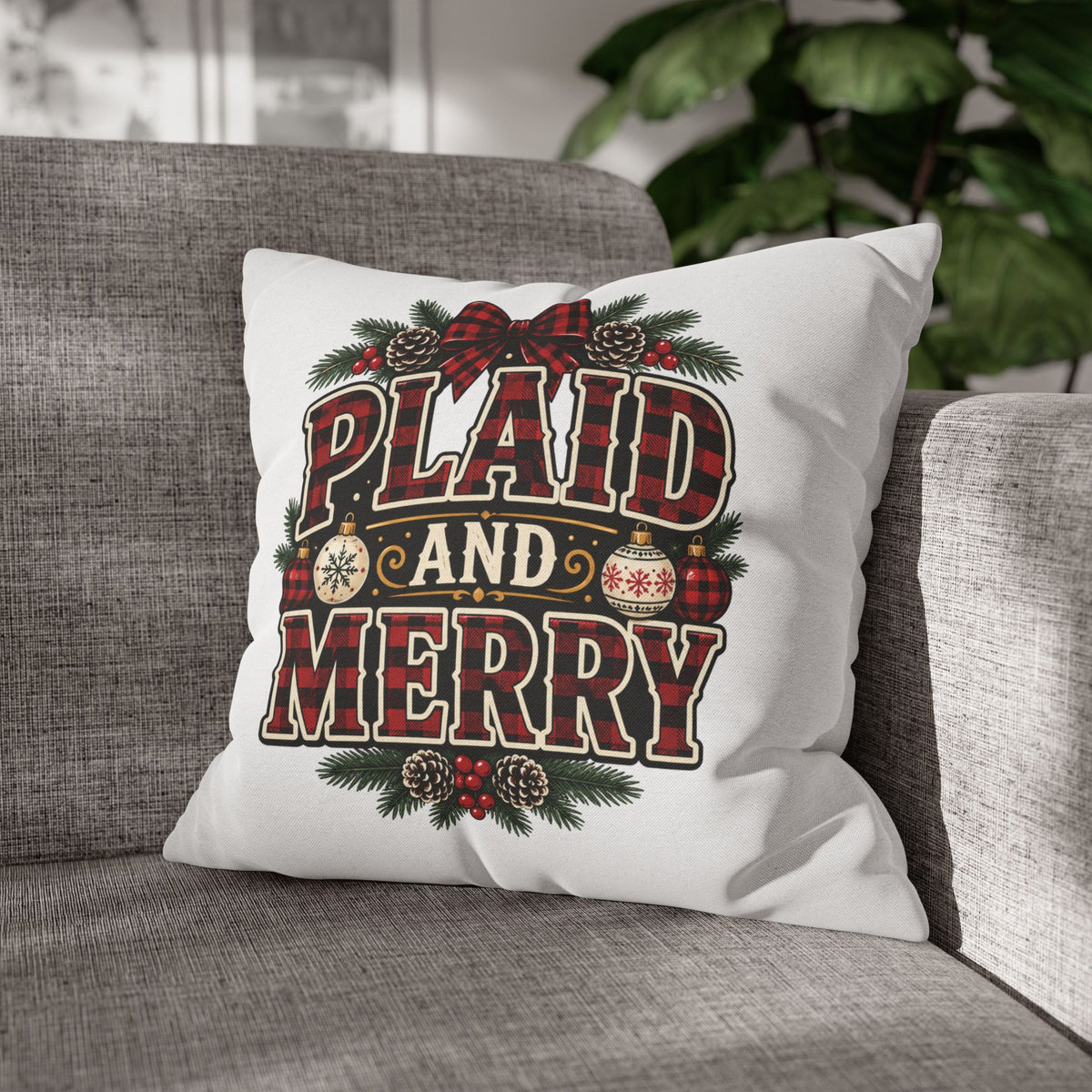 Plaid and Merry Christmas Throw Pillowcase — Festive Buffalo Plaid Holiday Decor